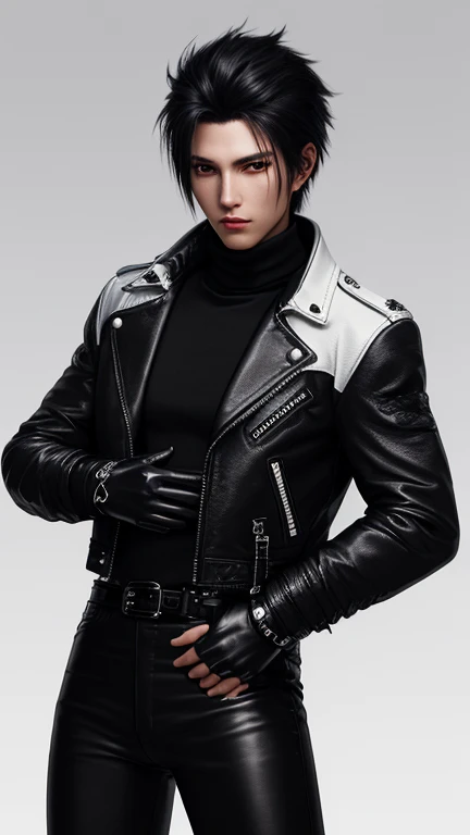 Final Fantasy-style graphics, young, Cute and cool Japanese boys, Thin eyebrows and big eyes,  He is wearing a shiny off-white leather single-breasted jacket.。., with epaulettes,  The jacket is zipped up, The pockets of the jacket are black.., The jacket has a high stand-up collar with a belt, Also wearing a black turtleneck, black leather pants,tight, Thin black leather gloves on both hands, Black leather knee-high lace-up boots,show, Head to Toe, 全身をshow, Final Fantasy Style、good looking、Clear eyes and nose、((Shiny white single design leather jacket))、((The jacket has epaulettes))、((The jacket has a stand-up collar and belt))、((The jacket has a black pocket))、((Black turtleneck shirt))、((光沢のあるblack leather pants))、((Shiny black leather gloves on both hands))、((Black lace-up leather long boots))、Head to Toeの眺め、Realistic image quality and texture、In a small cell、Close your eyes、A kind smile、The jacket is closed