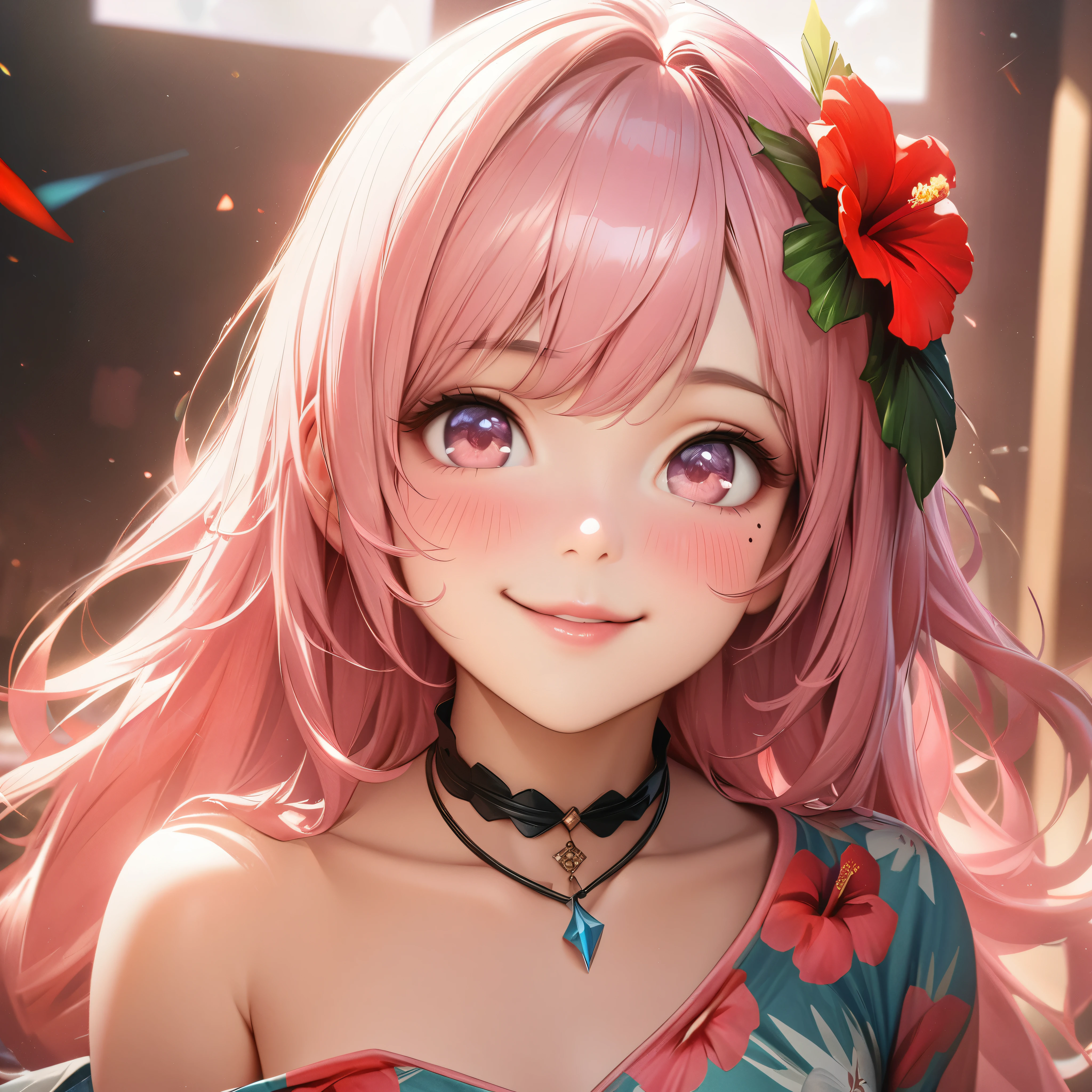 masterpiece, higst quality, highly detailed, high resolution, an high resolution, high resolution, 4k, 8k, unity 8k wallpaper, highly detailed cg, masterpiece, realistic, beautiful detail, depth, fine texture, hig hisst st quality: 1.3, total concentration, crisp skin, him, very cute anime, cute like an idol, tall pink long hair, one girl, Hawaiian dress, greeting, hibiscus hair accessory, smile, long pink hair, whole body , Mole under his eye, line sight, high, blush, lips parted, he art, pink eyes, choker