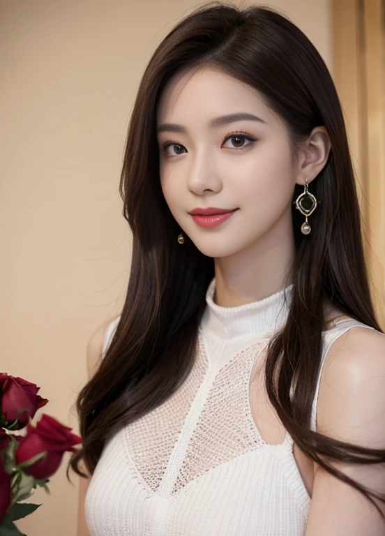 (Female, 22 years old), (Medium big breasts:1.3), rose garden、Lots of red roses on the background、 ((Grab the viewer's hand)), (master piece: 1.3), (max resolution: 1.4), (UltraHD: 1.2), cinematric light, UltraHD, (Detailed eyes and skin), (detailed facial features), nffsw, 8K resolution, Perfect Style, Beautiful face、Highly detailed facial and skin texture、A detailed eye、double eyelid、Glitter Eyeliner:1.2、thin cheeks、(fair white skin:1.3)、shiny earrings,Red Rouge:1.2、shiny lip:1.2、((FULL BODYSHOT:1.2))、((From a very intimate distance:1.2))、((Navy High Neck Pipeknit Dress))、high-heels、(Layered Hair Style、lightbrown hair)、medium-Long hair、(Very attractive smile:1.3)