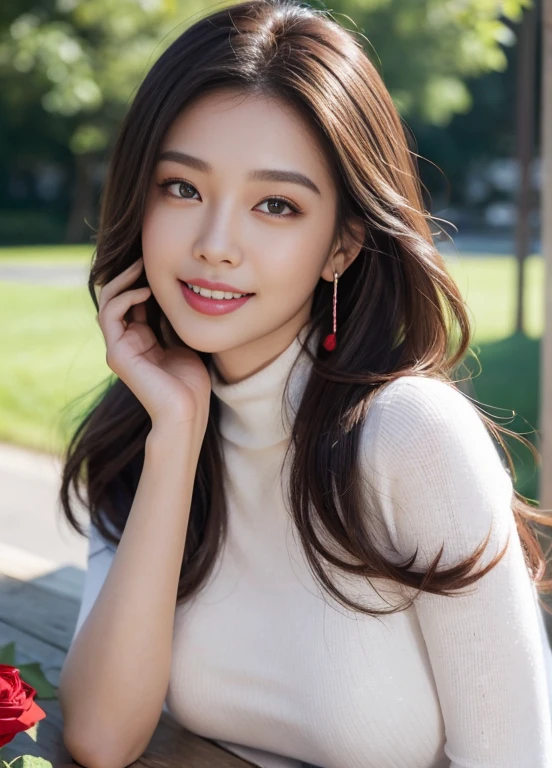 (Female, 22 years old), (Medium big breasts:1.3), rose garden、Lots of red roses on the background、 ((Grab the viewer's hand)), (​master piece: 1.3), (max resolution: 1.4), (UltraHD: 1.2), cinematric light, UltraHD, (Detailed eyes and skin), (detailed facial features), nffsw, 8K resolution, Perfect Style, Beautiful face、Highly detailed facial and skin texture、A detailed eye、double eyelid、Glitter Eyeliner:1.2、thin cheeks、(fair white skin:1.3)、shiny earrings,Red Rouge:1.2、shiny lip:1.2、((FULL BODYSHOT:1.2))、((From a very intimate distance:1.2))、((Navy High Neck Pipeknit Dress))、high-heels、(Layered Hair Style、lightbrown hair)、medium-Long hair、(Very attractive smile:1.3)