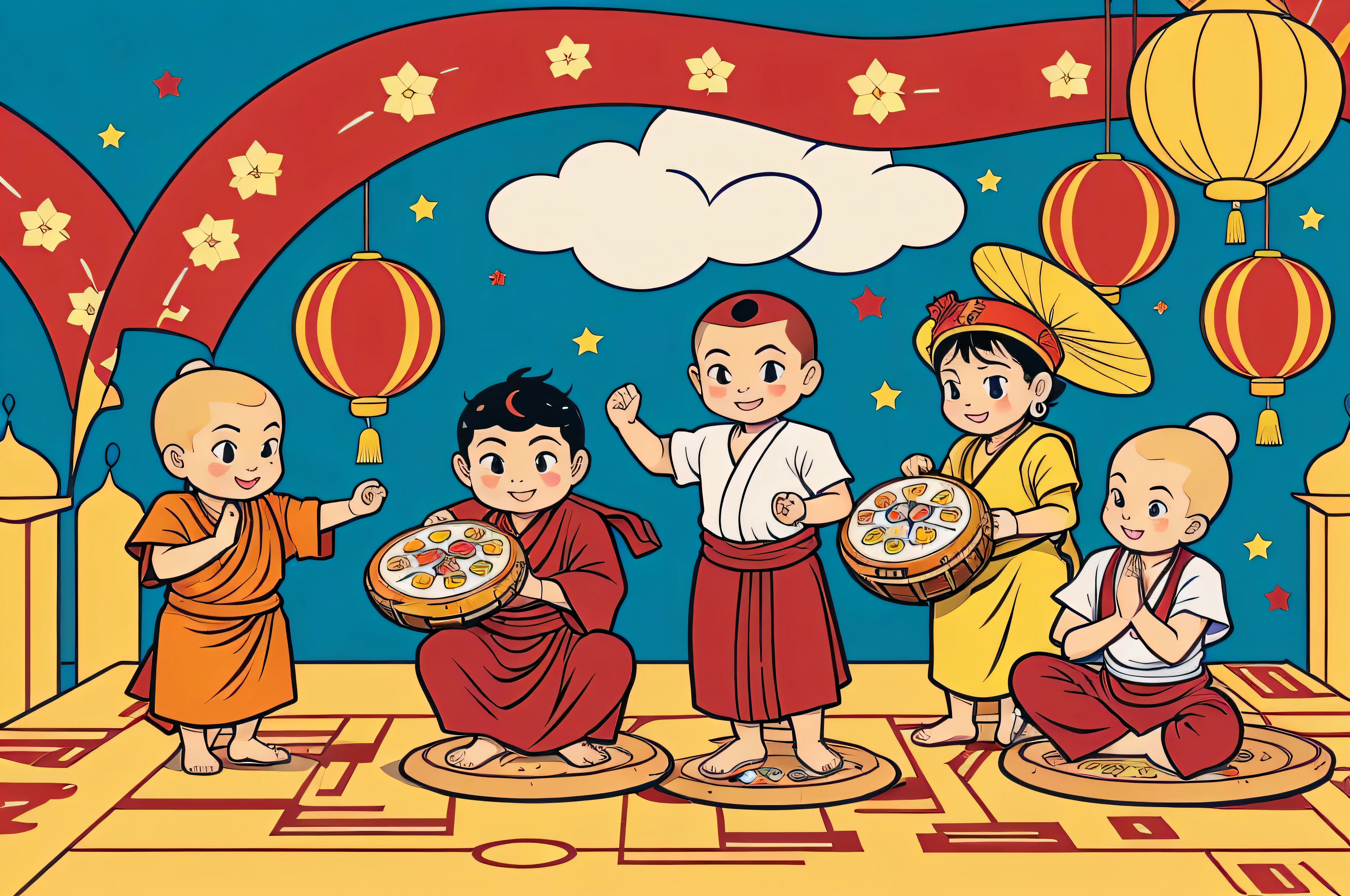 The Pizza Festival is also known as Buddha's Birthday,It is a place to commemorate the birth of Buddha.、The Days of Enlightenment and Nirvana。according to tradition,Buddhist float team consisting of monks and believers beating gongs and drums、Mighty,Publicizing the Buddha's deeds、Promote Buddhism。Cartoon illustration of children and their celebration of Buddha's Birthday, Hand drawn cartoon art style, cover illustration, Comic Cover style, Children's book cover, colorful kids book illustration, Poster illustration, jojolion cover art style, Japanese comic book cover, Japanese cartoon style, comic book's cover, Comic Cover, The art of math. Colorful comics, vivid Colorful comicss style, Comic Cover