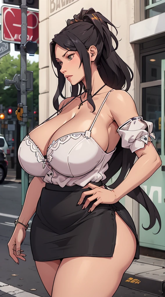 fashionable, Black long hair, Soft expression, cleveage,(Huge breasts、Cleavage, cleveage、、Thick thighs)), Perfect body、 , skirt, Streetwear, on the street, Cowboy shooting
