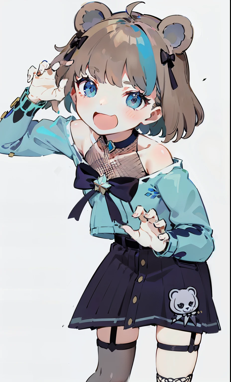 masterpiece, best quality, 1girl, bear ears, brown hair, streaked hair, blue eyes, grey eyes, bear hairpins, neck belt, green cardigan, blue dress, blue ribbon, chest ribbon, chest jewel, blue jewel, yellow jewel, green jewel, arm belts,buttoned dress, leg straps, fishnet top, open mouth,claw hands, bare shoulders, mismatched leg wear