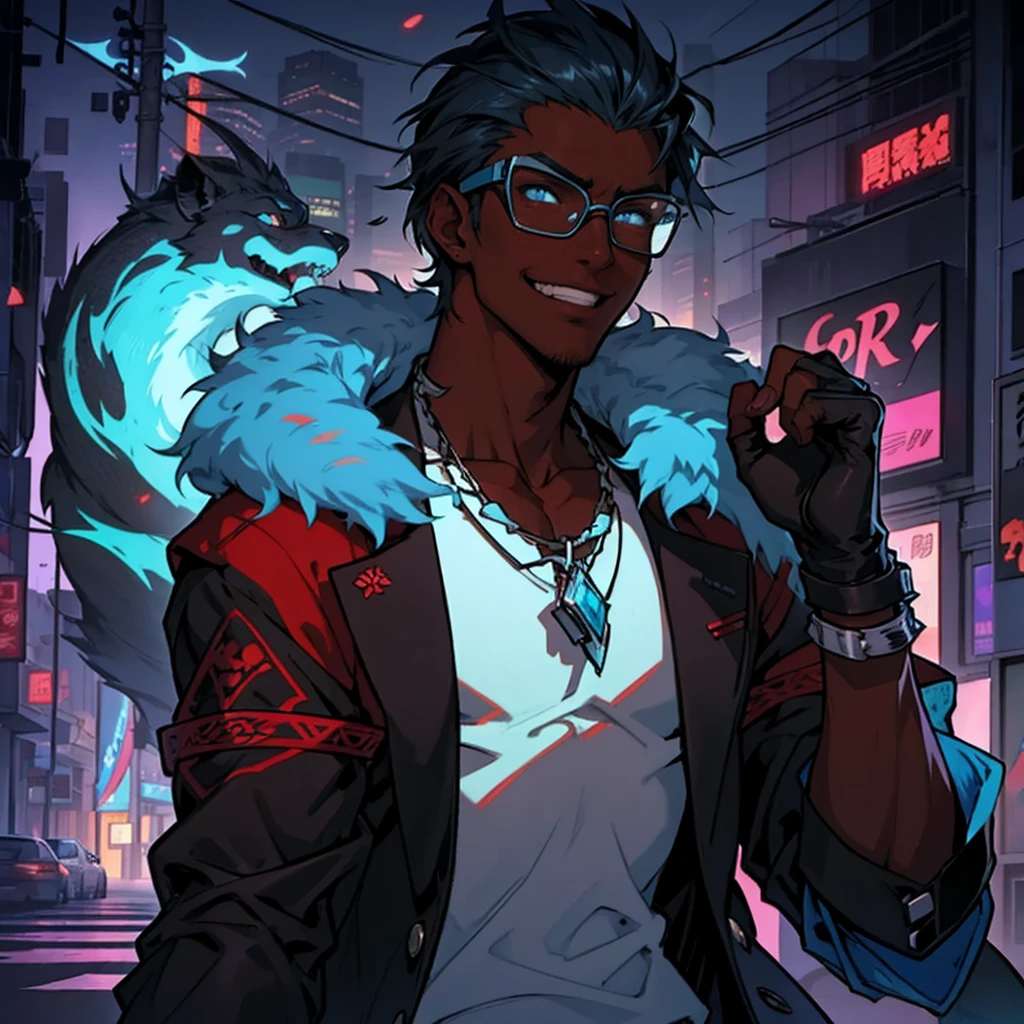 masculine guy, short beard and ((dark tanned skin)), he is in a psychedelic environment, colourful short cropped hair, ((has cat ears)), wearing urban streetwear shorts, wearing urban streetwear shirt, ((he is solo)), ((he is alone)), has detailed glowing blue eyes, muscular thighs