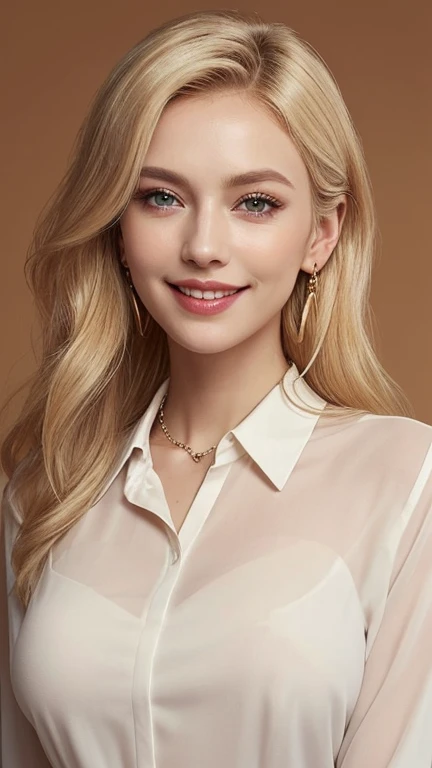 1 29 year old blonde woman with long hair posing for a picture, Beautiful blonde woman, beautiful blonde woman, (She's wearing a so big smile), Beautiful, well-cared for blonde, 8K Soft Portrait, Smooth blond woman, (Slim figure top model), breast enhancement, (Blonde Swedish woman), (Blonde eyebrows), Glossy long blonde hair, (amber color eyes brillantes:1.2), (She's droopy eyes and the pupils of the eyes are dilated), (Thick plump lips), (A photo from the chest up), (A person in the center left and right, The whole head is shown:1.3), (Spring color buttoned collared blouse:1.3), (A very simple necklace and very simple earrings), Perfect Makeup