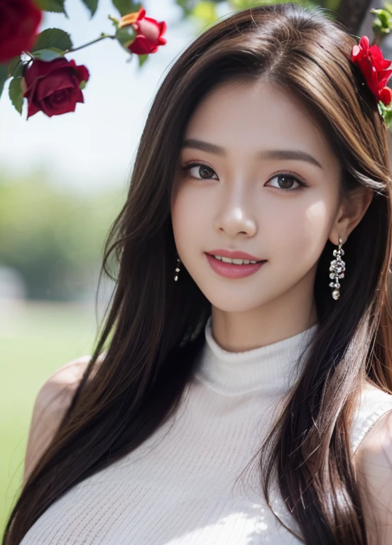 (Female, 22 years old), (Medium big breasts:1.3), rose garden、Lots of red roses on the background、 ((Grab the viewer's hand)), (​master piece: 1.3), (max resolution: 1.4), (UltraHD: 1.2), cinematric light, UltraHD, (Detailed eyes and skin), (detailed facial features), nffsw, 8K resolution, Perfect Style, Beautiful face、Highly detailed facial and skin texture、A detailed eye、double eyelid、Glitter Eyeliner:1.2、thin cheeks、(fair white skin:1.3)、shiny earrings,Red Rouge:1.2、shiny lip:1.2、((FULL BODYSHOT:1.2))、((From a very intimate distance:1.2))、((Navy High Neck Pipeknit Dress))、high-heels、(Layered Hair Style、lightbrown hair)、medium-Long hair、(Very attractive smile:1.3)