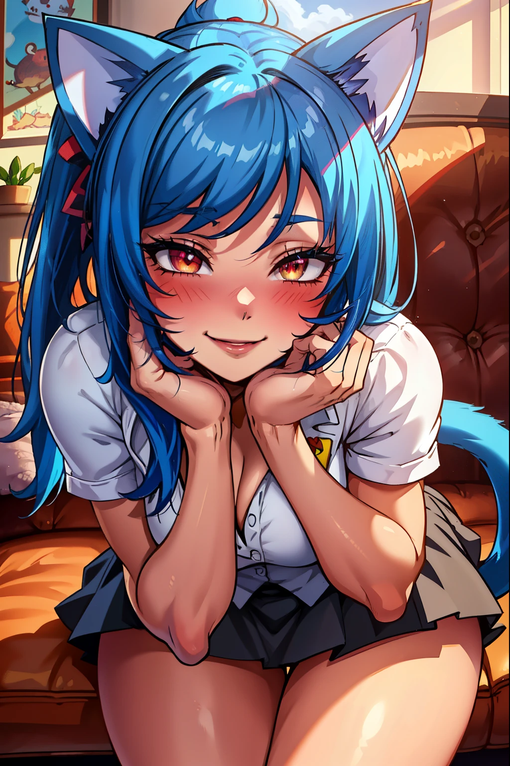 cat girl, blue hair, red eyes, cat ears, cat tail,white shirt, skirt, (extremely detailed CG unity 4k wallpaper),(masterpiece),(best quality),(ultra-detailed),(best illustration),(best shadow),(absurdres),(detailed background), Smiling shyly, blushing, Contemporary house, Lipstick, Eyeshadow, close up,