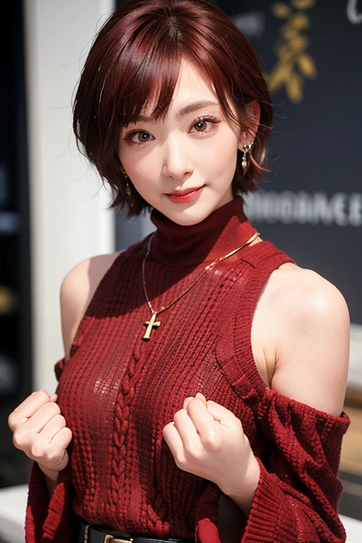 (red lips:1.4), full body, (turtleneck cable knit oversize sweater dress:1.2), , 1girl,solo,
(8k, RAW photo, best quality, masterpiece:1.3),(realistic, photo-realistic:1.37),realistic skin texture,(photorealistic:1.3),(hyperrealistic:1.2), (short hair:1.4) , seducting pose, (red colored clothes:1.7), (red hair:1.7), (seducting smile:1.4), (detached sleeves:1.4), (cheek dimples:1.4), (narrow shoulders:1.7), earrings, golden necklace, 