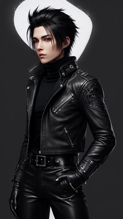 Final Fantasy-style graphics, young, Cute and cool Japanese boys, Thin eyebrows and big eyes,  He is wearing a shiny off-white leather single-breasted jacket.。., with epaulettes,  The jacket is zipped up, The pockets of the jacket are black.., The jacket has a high stand-up collar with a belt, Also wearing a black turtleneck, black leather pants, Thin black leather gloves on both hands, Black leather knee-high lace-up boots, Head to Toe, Show your whole body, Final Fantasy Style、good looking、Clear eyes and nose、((Shiny white single design leather jacket))、((The jacket has epaulettes))、((The jacket has a stand-up collar and belt))、((The jacket has a black pocket))、((Black turtleneck shirt))、((光沢のあるblack leather pants))、((Shiny black leather gloves on both hands))、((Black lace-up leather long boots))、Head to Toeの眺め、Realistic image quality and texture、In a small cell、Close your eyes、A kind smile、((The jacket is closed))