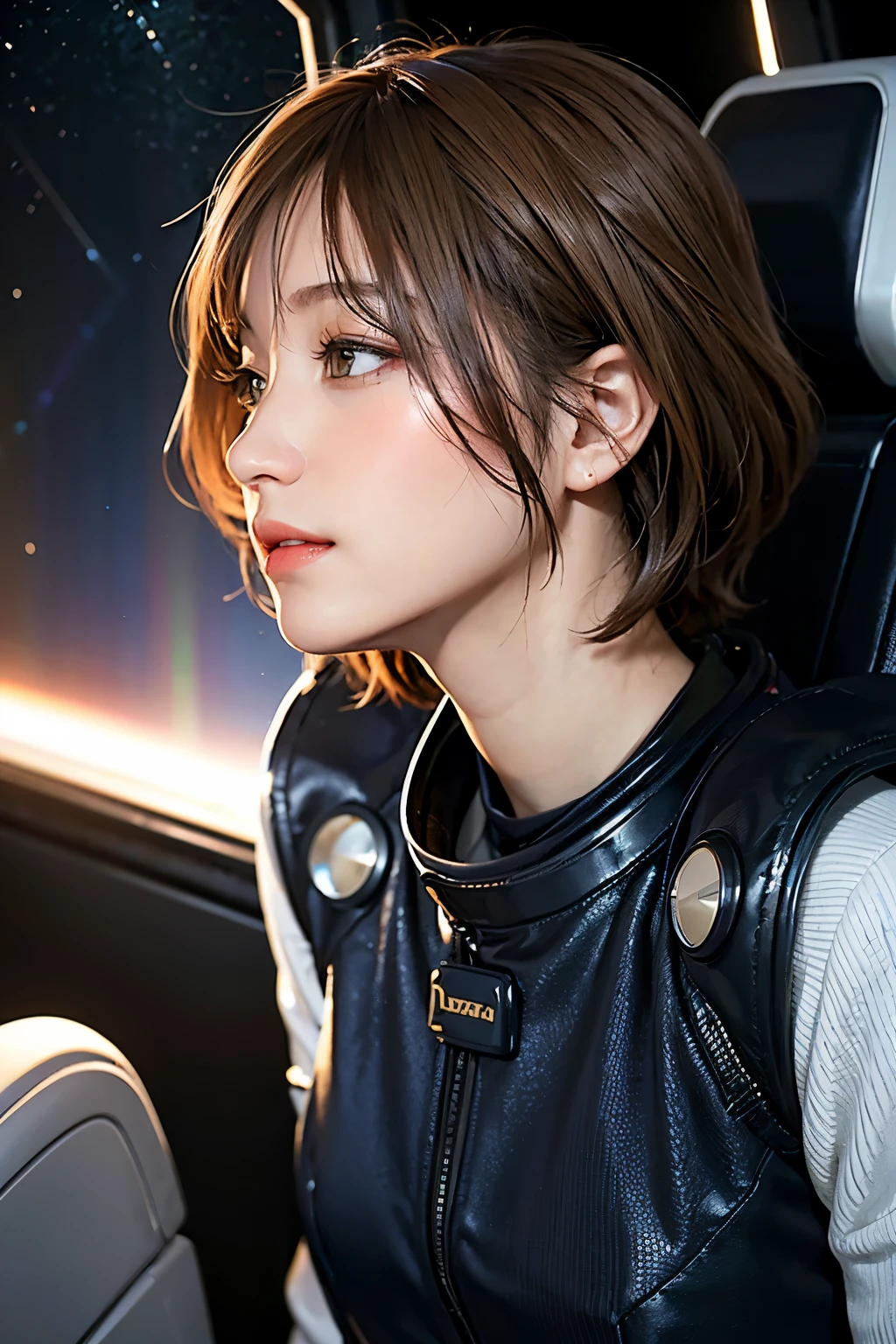 Ultra-high resolution、(Real:1.4)、Beautiful woman1、Beautifully detailed eyes and skin、profile、Light brown short hair、small smile、Full space suit、Space Station、Spaceship、Cloudy、Sci-Fi Taste、Movie quality、