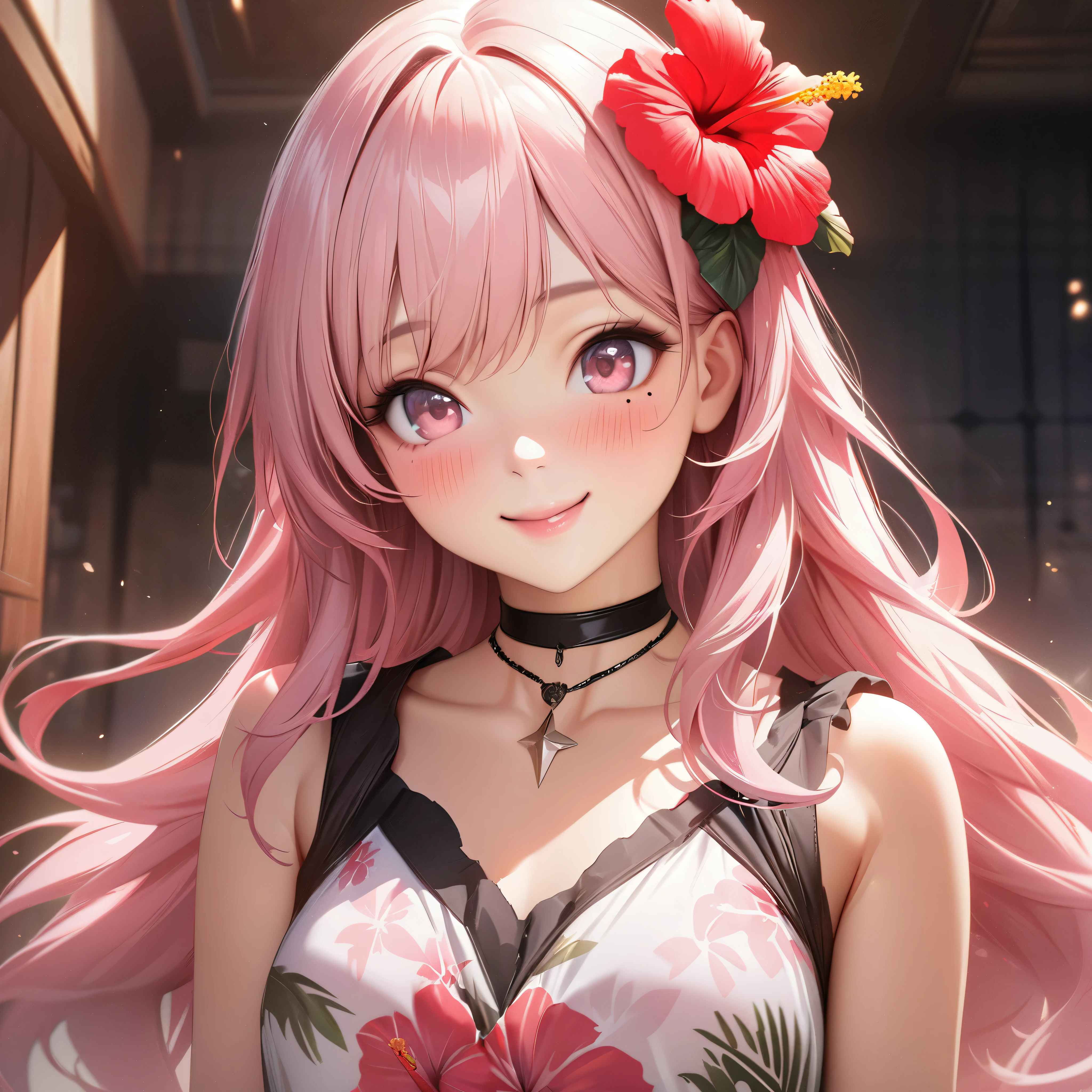 masterpiece, higst quality, highly detailed, high resolution, an high resolution, high resolution, 4k, 8k, unity 8k wallpaper, highly detailed cg, masterpiece, realistic, beautiful detail, depth, fine texture, hig hisst st quality: 1.3, total concentration, crisp skin, him, very cute anime, cute like an idol, tall pink long hair, one girl, Hawaiian dress, greeting, hibiscus hair accessory, smile, long pink hair, whole body , Mole under his eye, line sight, high, blush, lips parted, he art, pink eyes, choker