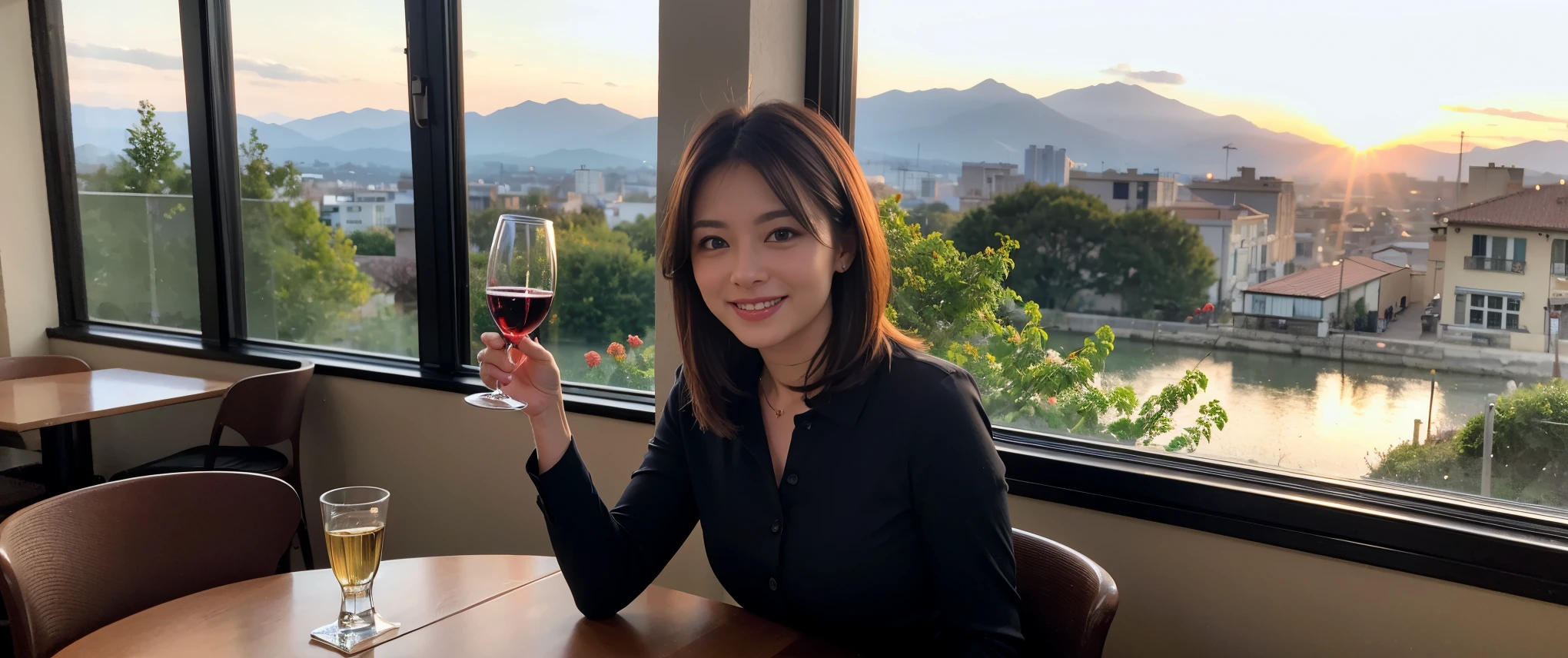 ((highest quality、8k、masterpiece:1.3))、Sharp focus:1.2、Beautiful woman perfect body:1.4、slimなボディ、((Bob Hale、Straight hair:1.2))、(to be born, highest quality, masterpiece:1.5), (Realistic, Intricate details:1.2), Ultra-high resolution, shine a light on your face、Spectacular view of the sunset sky and clouds、Amazing mountain views、ニコニコ明るいsmile、wine glass、red wine 、Appetizer、Italian food、Wine bottle、Champagne、sparkling wine、, Beautiful Face, blue eyes, The light shines on your face, Blushing, short hair,Bright Face、Fox face、 (42 years old), 47 years old, Lady、Two beauties、brown hair、Shortcuts、Long sleeve shirt、dress、Pretty Woman 1, (slimな顔), (The body is slim), (brown hair), (Shortcuts), cheeks turn a little red,Attractive beauty、, Out of the window, A beautiful and detailed night view unfolds.........., restaurant, In a prominent place (From the waist up) Nova Frog Style, actress, model, Upper Body, White wine, slim, wine glass, 真ん中に置かれたwine glass, smile, (smile: 1.15), Beautiful fine grain, Depth f/2,saturation, High Contrast, Strong light and shadow,Moist Body:1.5、3D texture、Delicate eyes、brown hair、The hair is very shiny、