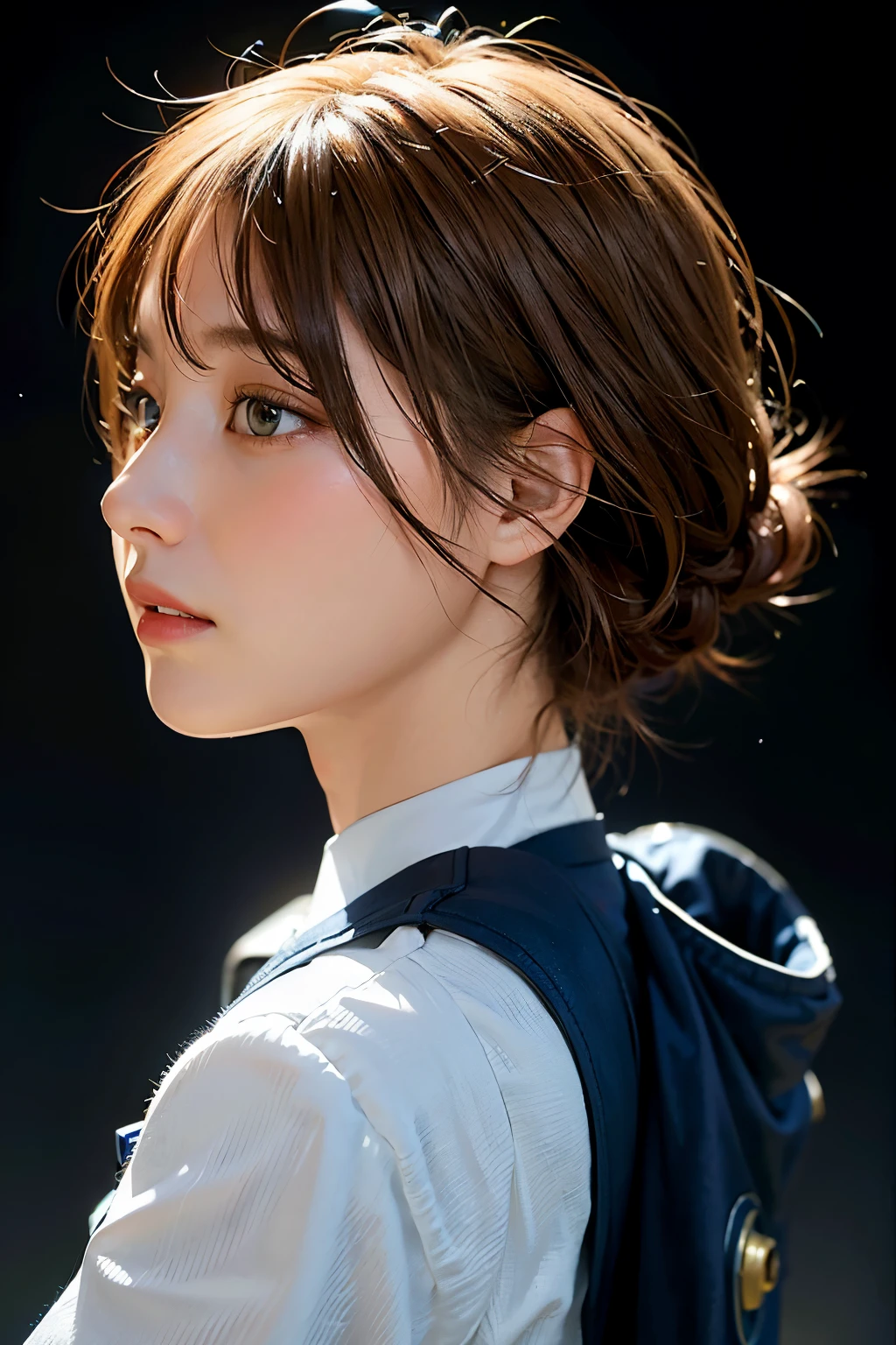 Ultra-high resolution、(Real:1.4)、Beautiful woman1、Beautifully detailed eyes and skin、profile、Light brown short hair、small smile、Full space suit、Space Station、Spaceship、Cloudy、Sci-Fi Taste、Movie quality、