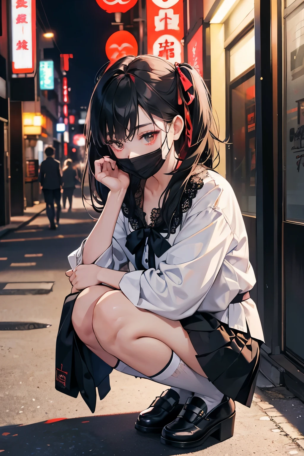 Kabukicho、night,japanese girl,downer,buckle suspension short skirt,white blouse with lace,black tie_ribbon,Red eyeshadow,downer, squatting　in the street,white mask