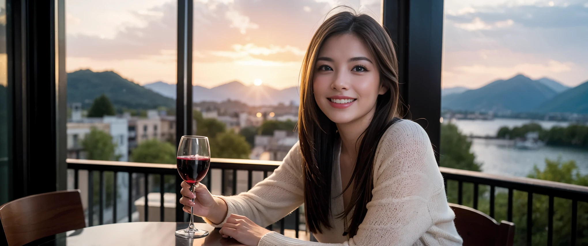 ((highest quality、8k、masterpiece:1.3))、Sharp focus:1.2、Beautiful woman perfect body:1.4、slimなボディ、((Bob Hale、Straight hair:1.2))、(to be born, highest quality, masterpiece:1.5), (Realistic, Intricate details:1.2), Ultra-high resolution, shine a light on your face、Spectacular view of the sunset sky and clouds、Amazing mountain views、ニコニコ明るいsmile、wine glass、red wine 、Appetizer、Italian food、Wine bottle、Champagne、sparkling wine、, Beautiful Face, blue eyes, The light shines on your face, Blushing, short hair,Bright Face、Fox face、 (42 years old), 47 years old, Lady、Two beauties、brown hair、Shortcuts、Long sleeve shirt、dress、Pretty Woman 1, (slimな顔), (The body is slim), (brown hair), (Shortcuts), cheeks turn a little red,Attractive beauty、, Out of the window, A beautiful and detailed night view unfolds.........., restaurant, In a prominent place (From the waist up) Nova Frog Style, actress, model, Upper Body, White wine, slim, wine glass, 真ん中に置かれたwine glass, smile, (smile: 1.15), Beautiful fine grain, Depth f/2,saturation, High Contrast, Strong light and shadow,Moist Body:1.5、3D texture、Delicate eyes、brown hair、The hair is very shiny、