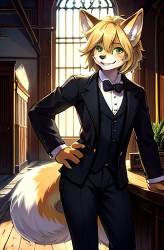 Perfect face, high quality, traditional architecture, office, solo, male, anthro, slim, victorian era suit, fancy boots, grin, green eyes, golden fur, medium length hair, detailed hair, vulpine features, masculine, perfect anatomy,  ground floor office, standing, resting on desk, tail half of body length, close view of character 