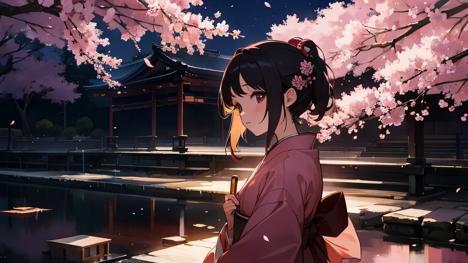 Kyoto, Japan　As the cherry blossoms fall at night　Twilight Beautiful Girl　Japanese anime style