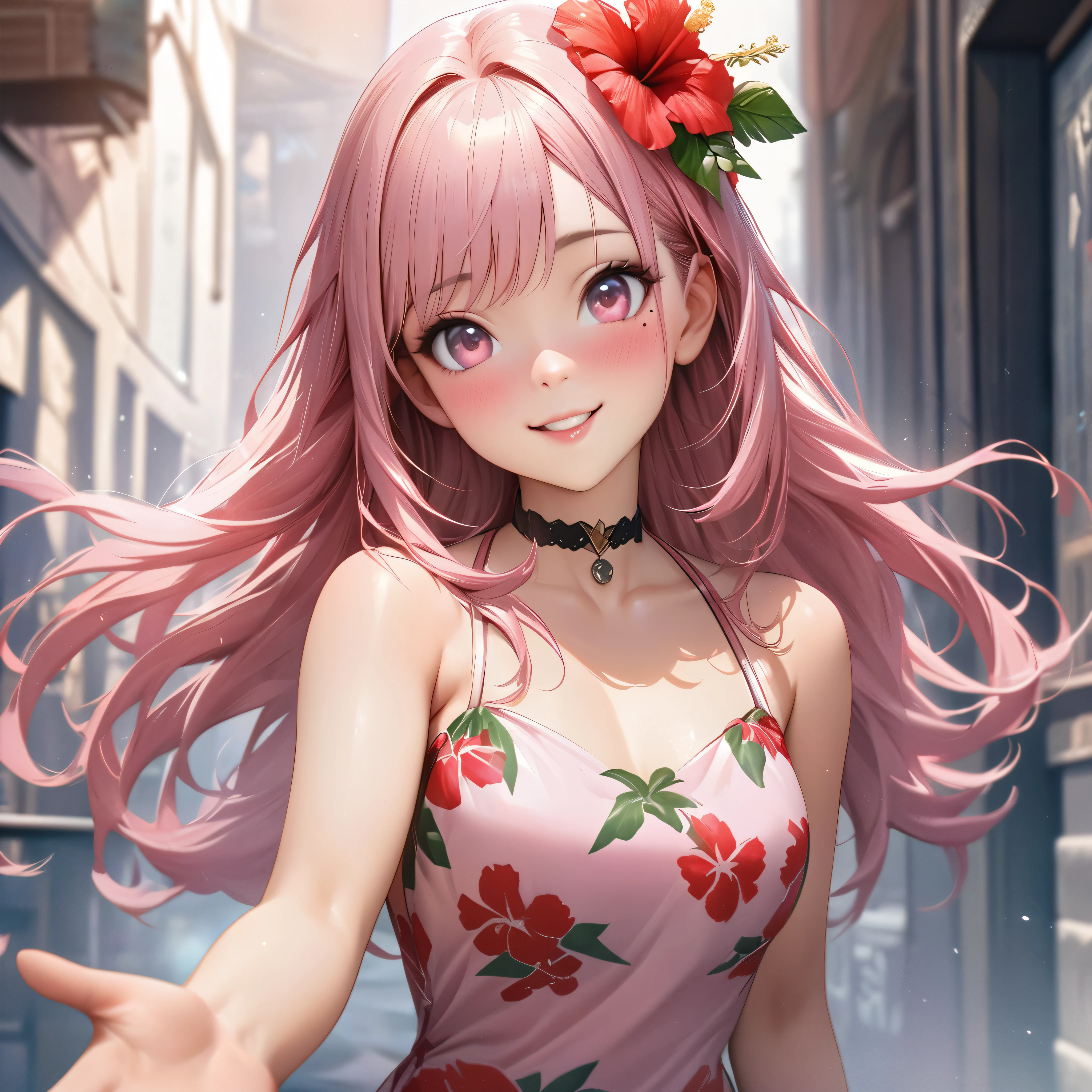 masterpiece, higst quality, highly detailed, high resolution, an high resolution, high resolution, 4k, 8k, unity 8k wallpaper, highly detailed cg, masterpiece, realistic, beautiful detail, depth, fine texture, hig hisst st quality: 1.3, total concentration, crisp skin, him, very cute anime, cute like an idol, tall pink long hair, one girl, Hawaiian dress, greeting, hibiscus hair accessory, smile, long pink hair, whole body , Mole under his eye, line sight, high, blush, lips parted, he art, pink eyes, choker