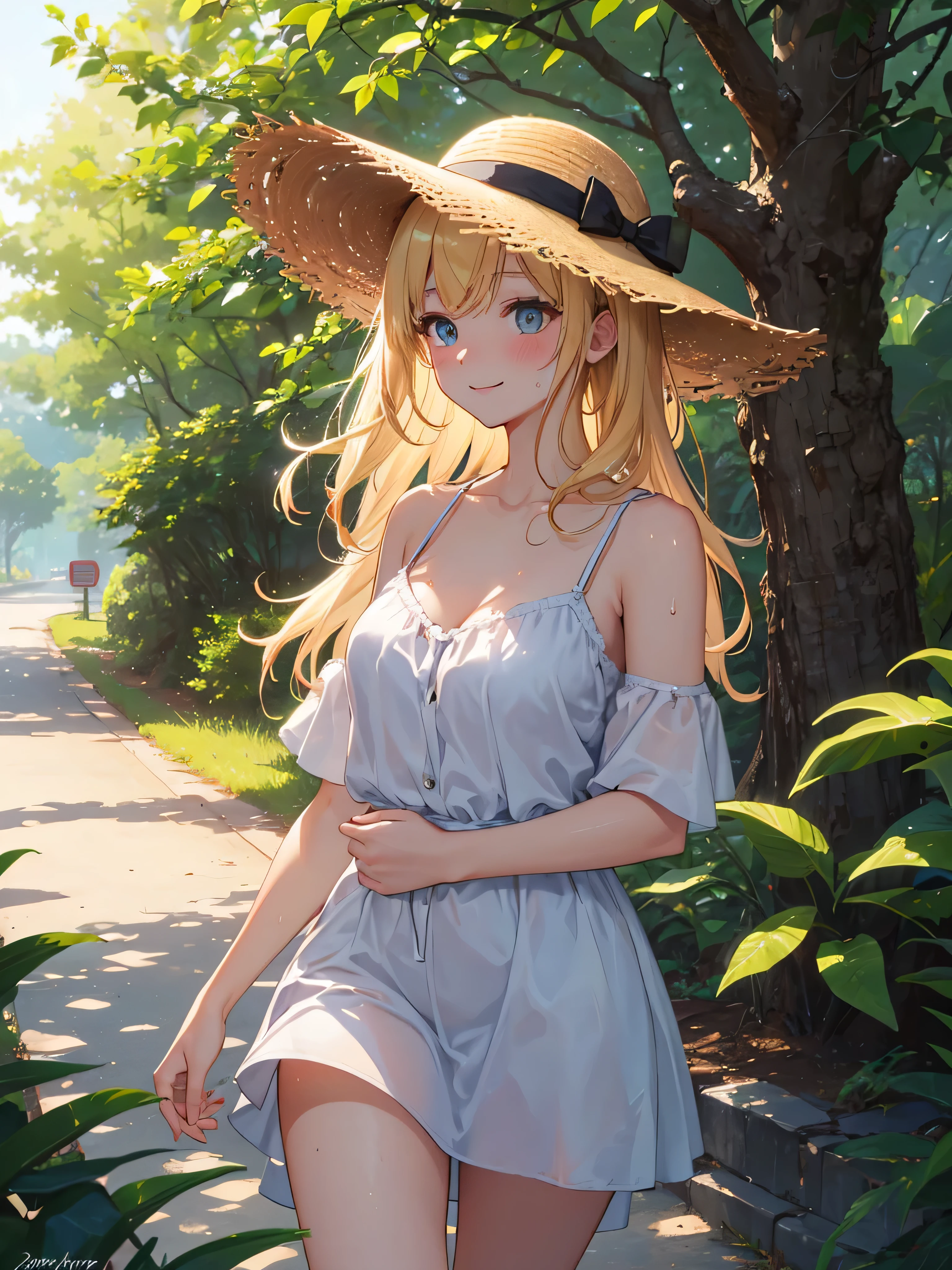 (high quality, High resolution, The finer details), A woman wearing a straw hat walking along a tree-lined street, Elegant straw hat, loose fitting dress, Gentle sunlight, Rays of light penetrating the branches, A road lit by sunlight, Vibrant nature, Breeze, alone, Curvy Women, Blonde, Sparkling eyes, (Fine grain:1.2), smile, blush, Sweat, Oily skin, Shallow depth of field