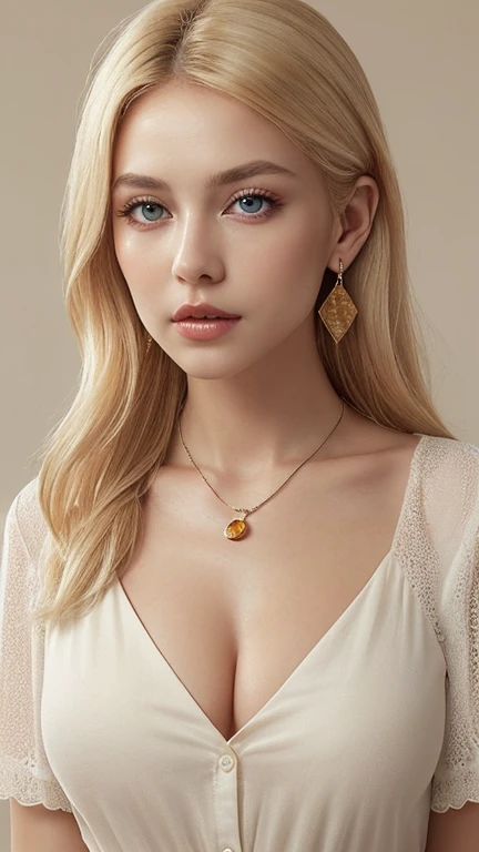 1 29 year old blonde woman with long hair posing for a picture, Beautiful blonde woman, beautiful blonde woman, (She is very tired, sleepy and exhausted), Beautiful, well-cared for blonde, 8K Soft Portrait, Smooth blond woman, (Slim figure top model), breast enhancement, (Blonde Swedish woman), (Blonde eyebrows), Glossy long blonde hair, (amber color eyes brillantes:1.2), (She's droopy eyes and the pupils of the eyes are dilated), (Thick plump lips), (A photo from the chest up), (A person in the center left and right, The whole head is shown:1.3), (Spring color buttoned collared blouse:1.3), (A very simple necklace and very simple earrings), Perfect Makeup