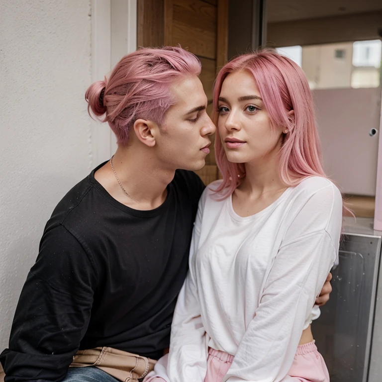 The beautiful girl with pink hair was sitting and peeing on her boyfriend&#39;s face 