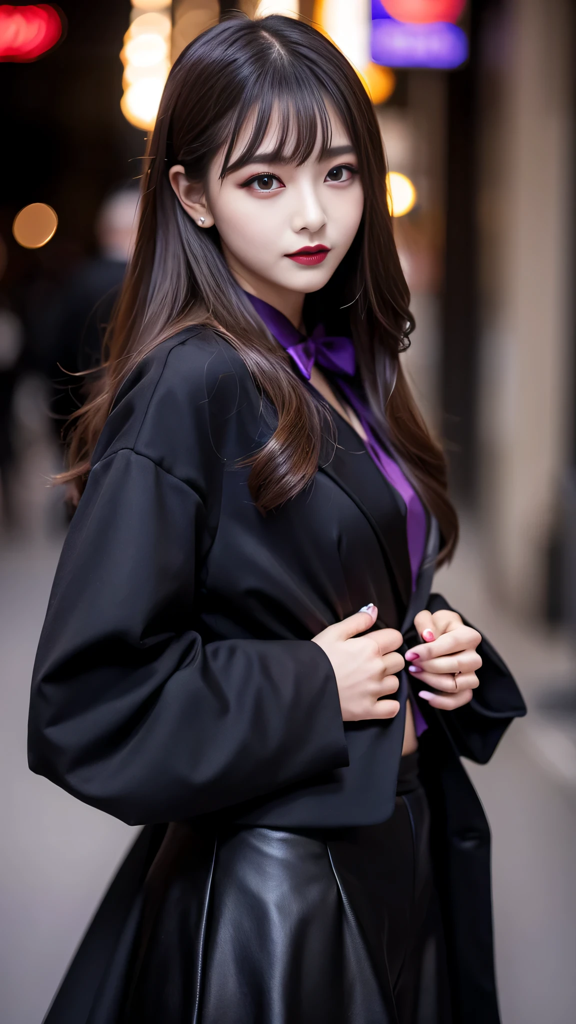 2girls、best quality、ultra-detailed、4k、Japanese、Seductive beauty、seductive adult woman、Pretty Woman、cool girl、Villainess、Brainwashed、brainwash、Fallen into evil、smirk、Evil look、Wicked Smile、evil、Brown hair、wavy hair、swept bangs、dark makeup、dark makeup、piercing eyes、hollow eyes,half-closed eyes、Hollow Eyes、Purple Eyeshadow、black lipstick、black lipglos、suit、Jacket、blouse、Black Ribbon、Long skirt、slit、Beautiful feet、Put your hands behind your back、night、Eerie Citadel、Are standing、