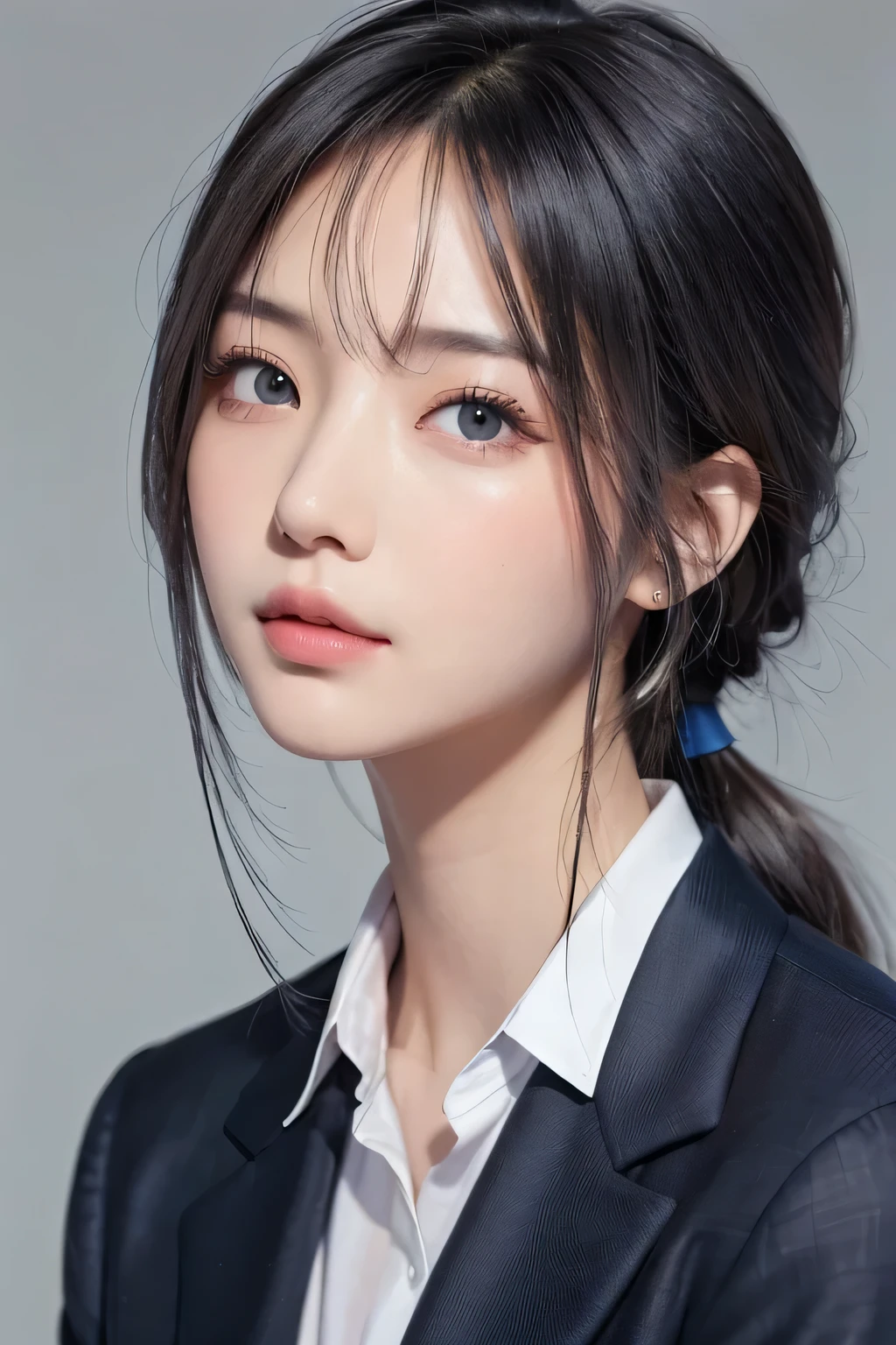 A woman with a ponytail wearing a suit and a white shirt, Korean Girls, Korean facial features, Young and adorable Korean face, Beautiful Korean Women, Round face, south east asian Round face, Beautiful aesthetic face, Popular Korean makeup, Popular Korean makeup, Cute natural anime face, With a cute - lovely - face, One adorable Korean face, Beautiful young Korean woman