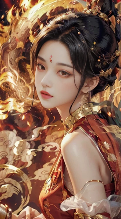 A woman with black hair and black eyes, standing in a sea of fire, is depicted in this antique Chinese style illustration. The image exhibits the best quality, with extreme clarity that reveals every detail on her beautiful face. Her features are finely drawn, each line and curve emphasized by the contrast between the fire and her dark features. The illustration is a masterpiece, capturing the ethereal beauty of the woman amidst the fiery backdrop. The use of vibrant colors and intricate brushstrokes adds to the overall enchanting effect.