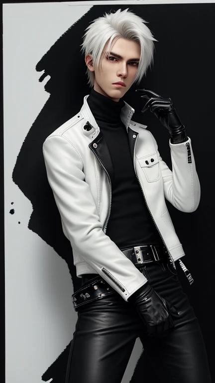 Final fantasy taste and reality graphics, Japanese young cute and cool ikemen  boy, his age is early 20s, thin eyebrows and beady eyes,  he wearing off white color leather thick singlebrest biker jacket, with epaulet,  must close the front of the leather jacket, jacket is biker style, , jacket collar is high length stand-up collar with belts, jacket is a little black line pattern,close the front of the jacket, also wearing black thick turtleneck lackluster shirts,  tight black leather pants, shiny black leather tight and thin glove, black leather knee-high raceup boots,must views  head-to-toe,must views whole body, boy looks like fashion model,Do not show skin from the neck down,leather jacket leather glove and leather pants have few wrinkles,boy in the room,