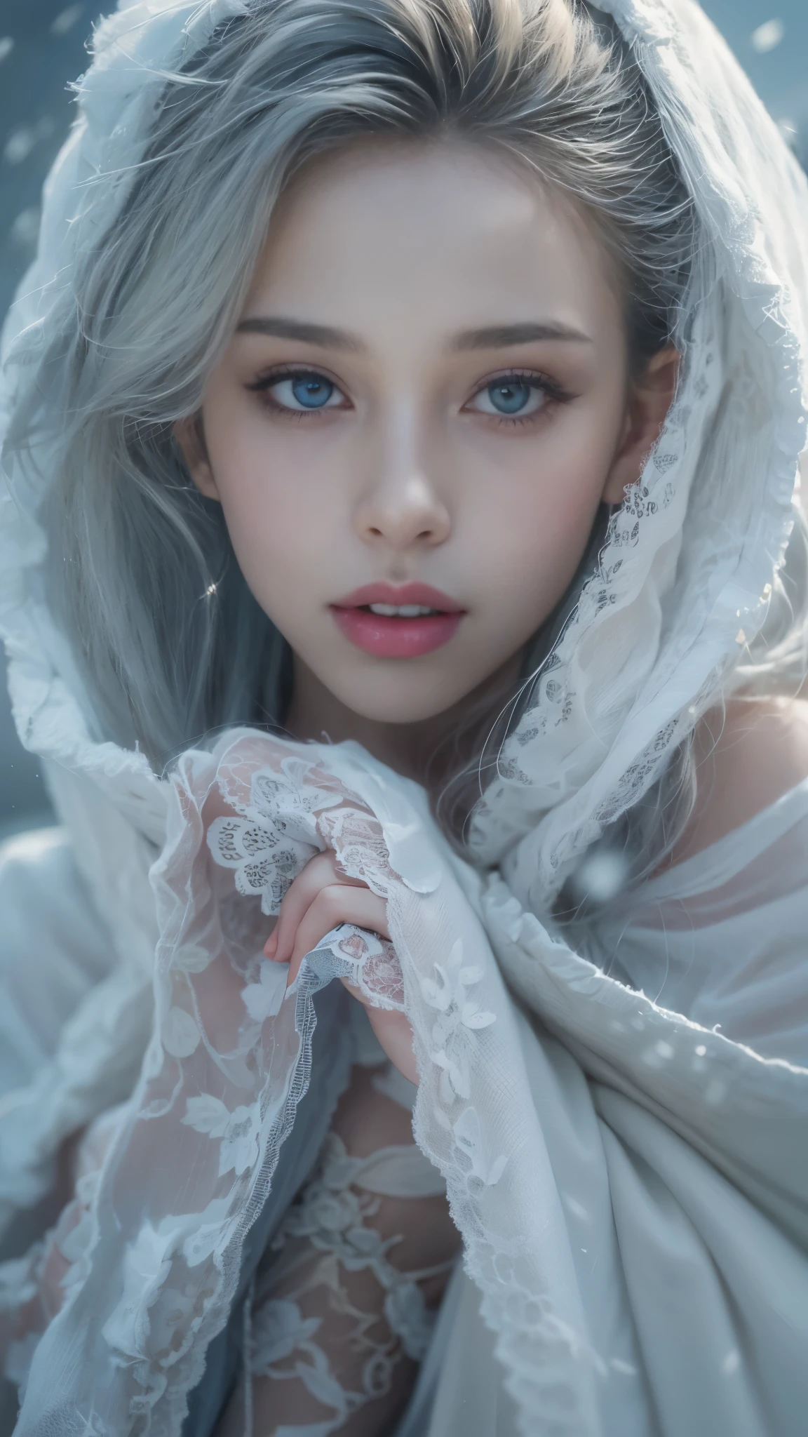 （8k，RAW photos， Best quality， masterpiece：1.2），（Realistically， Shoot real：1.4)，hide your face from sadness，
Lolita clothing，Lace， Iris Gainsborough， Upper part of the body，thigh，Lace， underwear，Expose bare shoulders， external， (external，Covered with snow，cloak，) high quality， Adobe Lightroom， High Detail Skin， Looking at the audience，