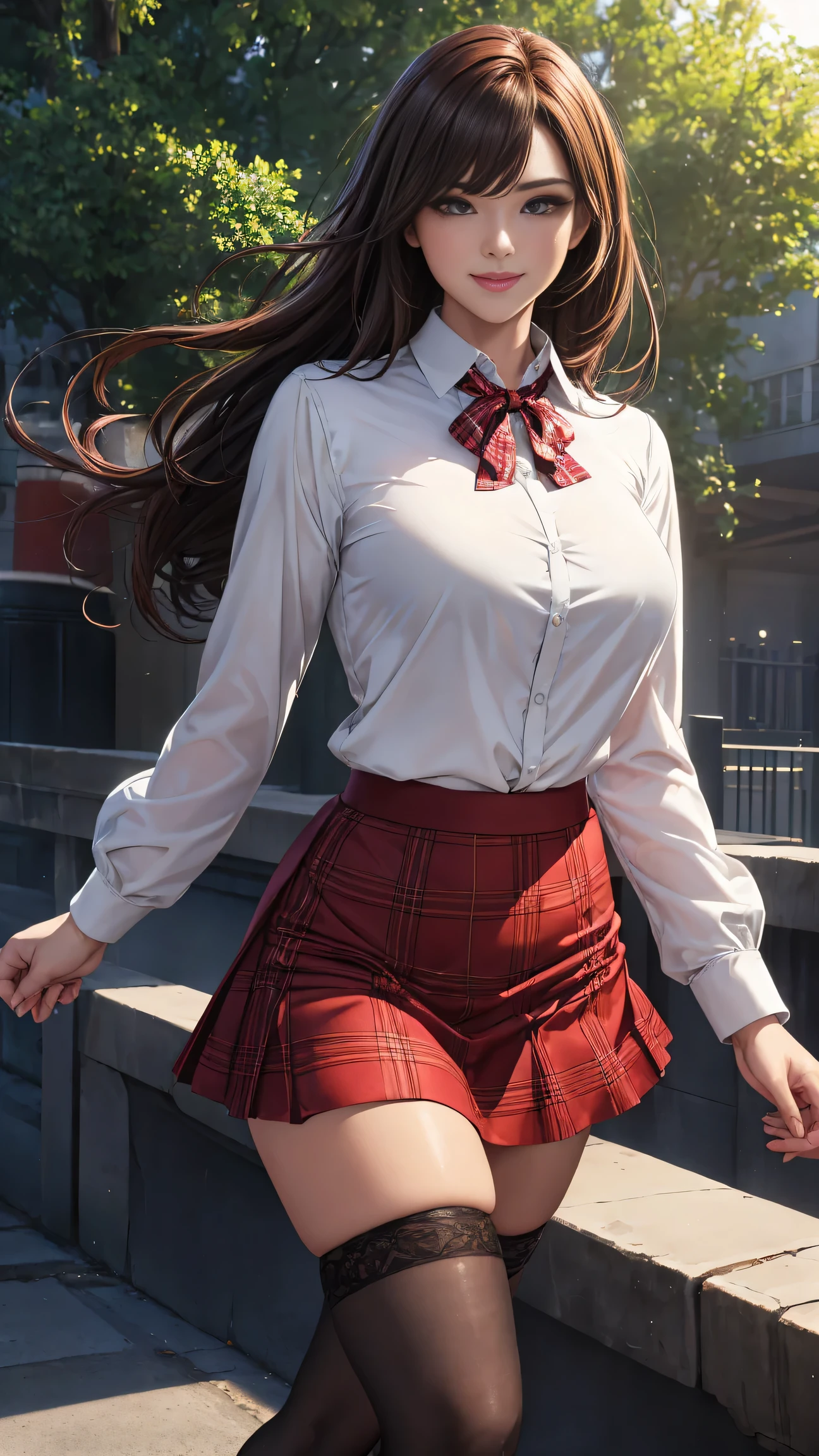8k, masterpiece, RAW photo, best quality, photorealistic, extremely detailed CG unity 8k wallpaper, Depth of field, Cinematic Light, Lens Flare, Ray tracing, (extremely beautiful face, beautiful lips, beautiful eyes), intricate detail face, ((ultra detailed skin)) 1girl, in the dark, deep shadow, pretty asian girl, 1 girl, (very slim slender fit-muscled body:1.3), ((looking at viewer)),(big smile:1.3), (short skirt ), (red mini skirt ), pantyhose, clear eyes, walking , front shot, (pale skin), (big eyes), face forward, (red shirt), (brown hairs), ((laced blouse)),,(looking at viewer:1.3) very slim, medium breasts, stockings, street, buildings, tree, sunny, (plaid skirt), (high heels), gentle skirt