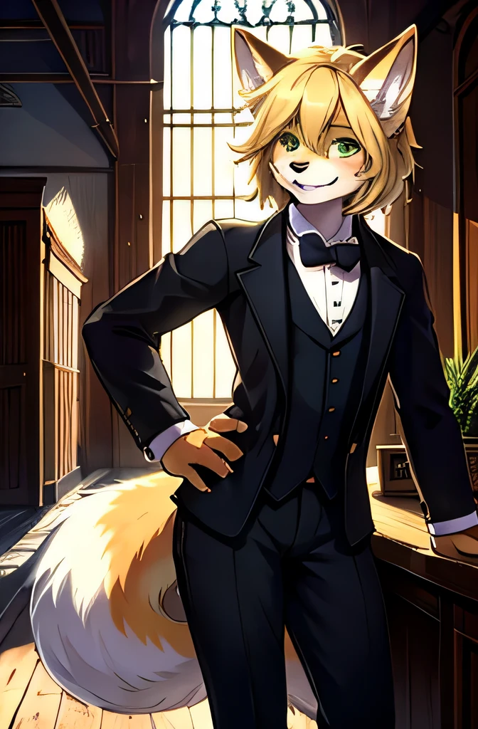 Perfect face, high quality, traditional architecture, office, solo, male, anthro, slim, victorian era suit, fancy boots, grin, green eyes, golden fur, medium length hair, detailed hair, vulpine features, masculine, perfect anatomy, ground floor office, standing, resting on desk, tail half of body length, close view of character