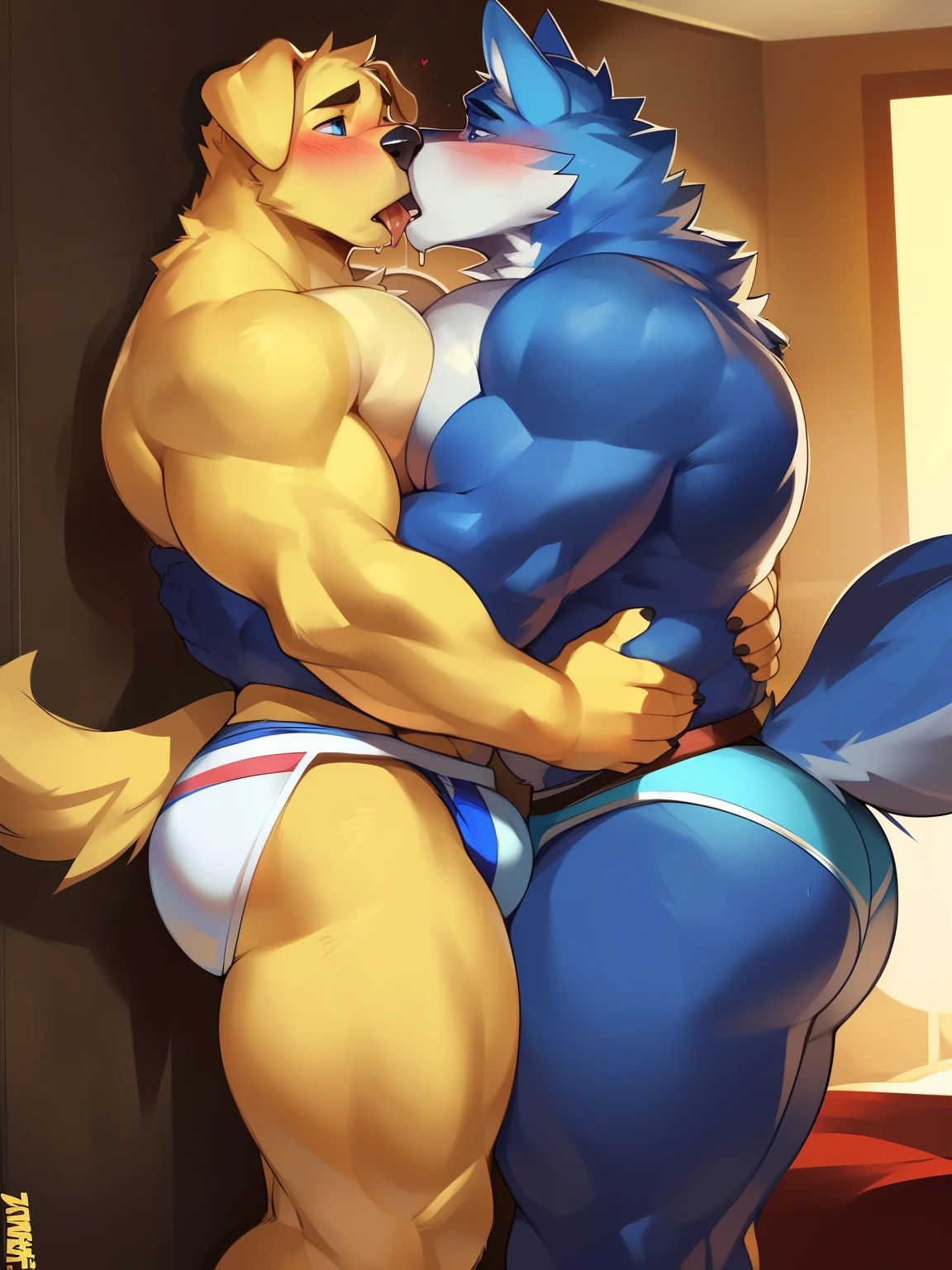 Duo, two males, male (((short, retriever, blushing, fluffy, muscular, pecs, blue eyes, yellow body, black nose, big butt, tail, blue underwear))) bedroom, standing (male focus, focus two males) detailed hands, detailed eyes, detailed face, detailed arms, detailed bulge, detailed ears, detailed snout ((focus duo, focus two males, focus holding partner)) size difference, facing partner, holding partner, from front position, looking at partner, kissing, wet, salivating (((enormous, male, wolf, blue fur, muscular, broad shoulders, abs, big pecs, black nose, black eyes, holding partner, big underwear, white underwear))) perfect anatomy, anatomy, wolf and retriever kissing, wolf is tall then the retriever, climaxing face, by darkgem, by mystikfox61, by glitter trap boy