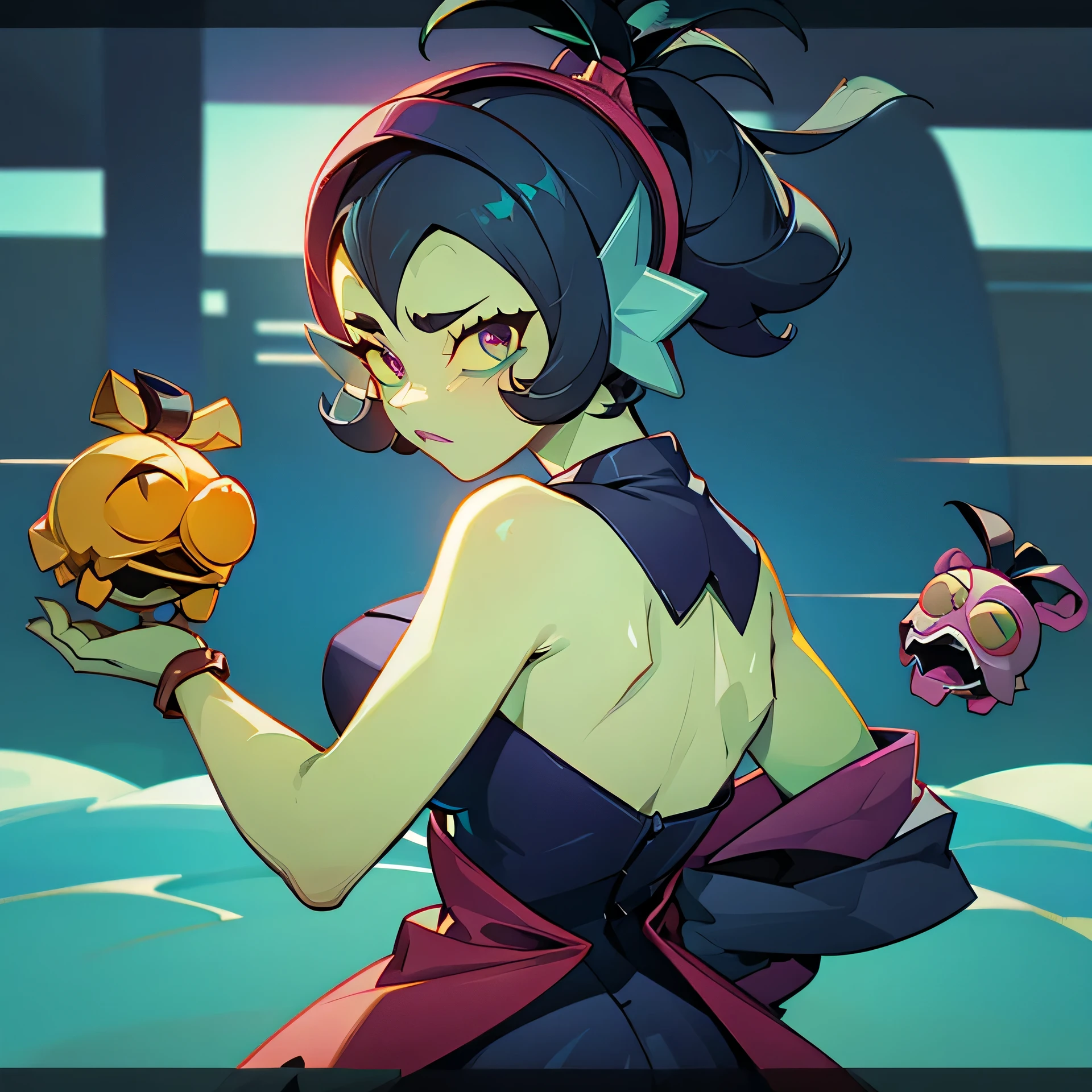 (high resolution), (y 8K), (detalle extremo), (best illustration), (hermoso detalle), (Mejor calidad), (pieza masetero), ( cara detallada), Brawl stars willow、cabello color negro、A hand is on your hip、desnudo de cuerpo completo、realistic fantasy representation, realistic representation of anime girl, mirada viciosa、Una sonrisa (tetas grandes: 1.4) popular en CGSTATION, 4k,resaltar en los ojos el fondo de))