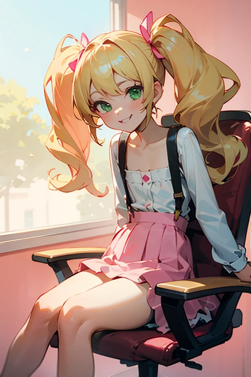 1 girl, cute, , flat chested, bratty, blonde hair, twintails, long hair, cute, bratty, teasing look, dim lighting, sitting in desk chair, pink room, cute room, white chair, ta,pink suspenders skirt, green eyes, smiling, sassy
