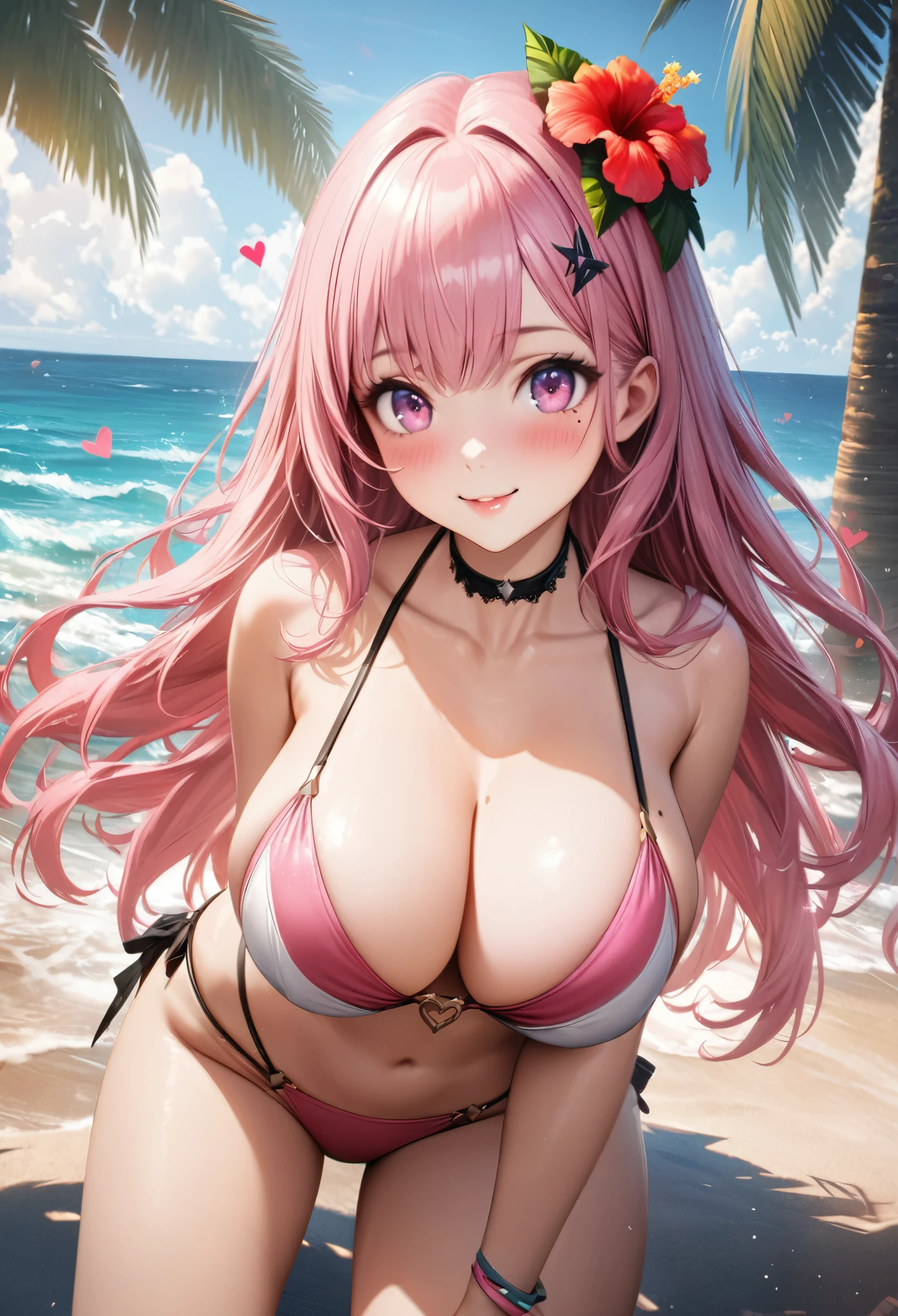 masterpiece, highest quality, Very detailed, High resolution, An expensive solution, High resolution, 4K, 8k, unity 8k wallpaper, Very detailed CG, masterpiece, Realistic、 Beautiful details, depth, Fine texture, highest quality: 1.3, Total concentration, Crisp skin, he, Very cute anime, Cute like an idol, expensive pink long hair, One Girl,bikini、、Sandy Beach、Ocean 、Palm tree、Tropical Juice、 hibiscus hair accessory, smile、long pink hair, whole body, Mole under the eye, Line Sight, expensive, blush, Lips parted, heart, Pink Eyes, choker