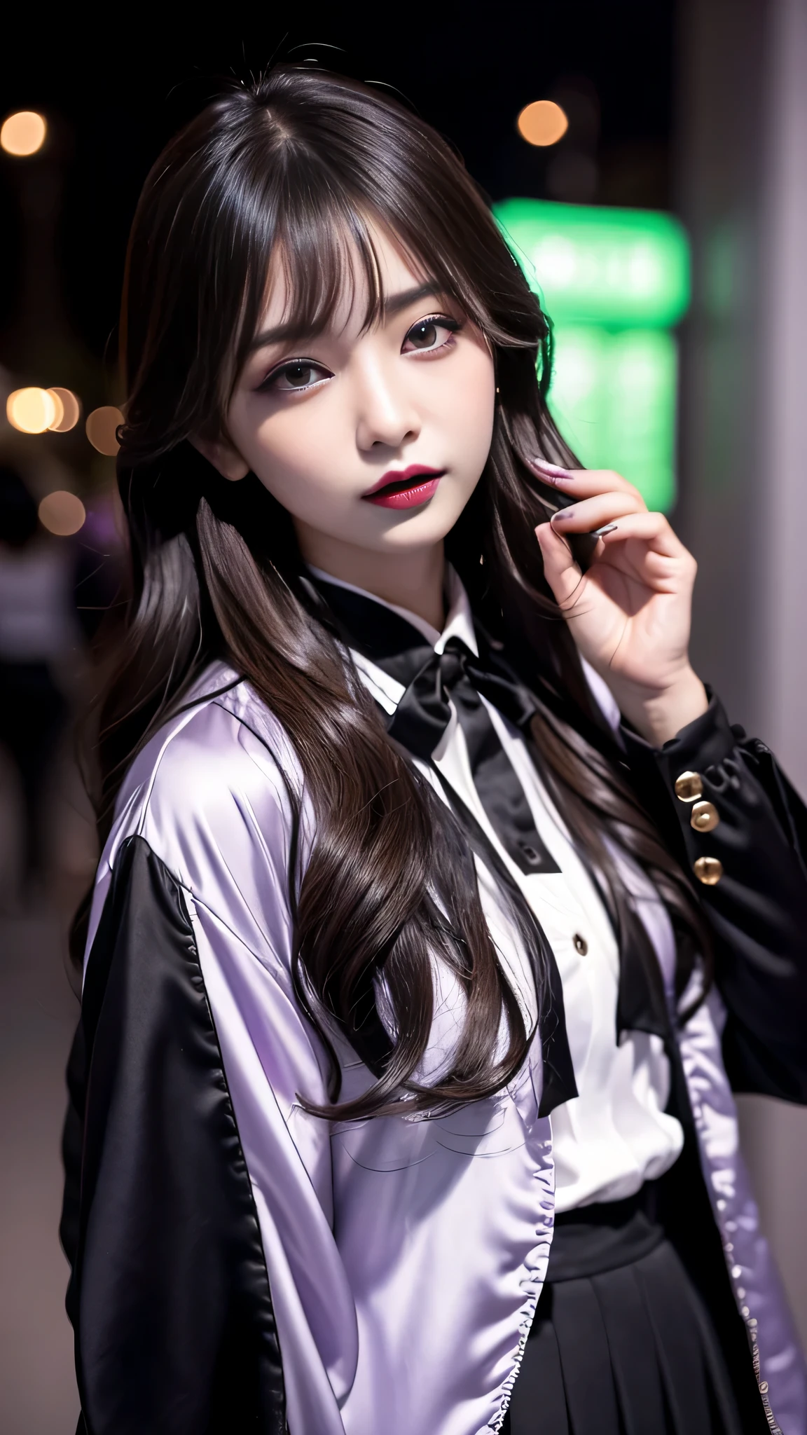 2girls、best quality、ultra-detailed、4k、Japanese、Seductive beauty、seductive adult woman、Pretty Woman、cool girl、Villainess、Brainwashed、brainwash、Fallen into evil、smirk、Evil look、Wicked Smile、evil、Brown hair、wavy hair、swept bangs、dark makeup、dark makeup、piercing eyes、hollow eyes,half-closed eyes、Hollow Eyes、Purple Eyeshadow、black lipstick、black lipglos、suit、Jacket、blouse、Black Ribbon、skirt、slit、Beautiful feet、Put your hands behind your back、night、Eerie Citadel、Are standing、