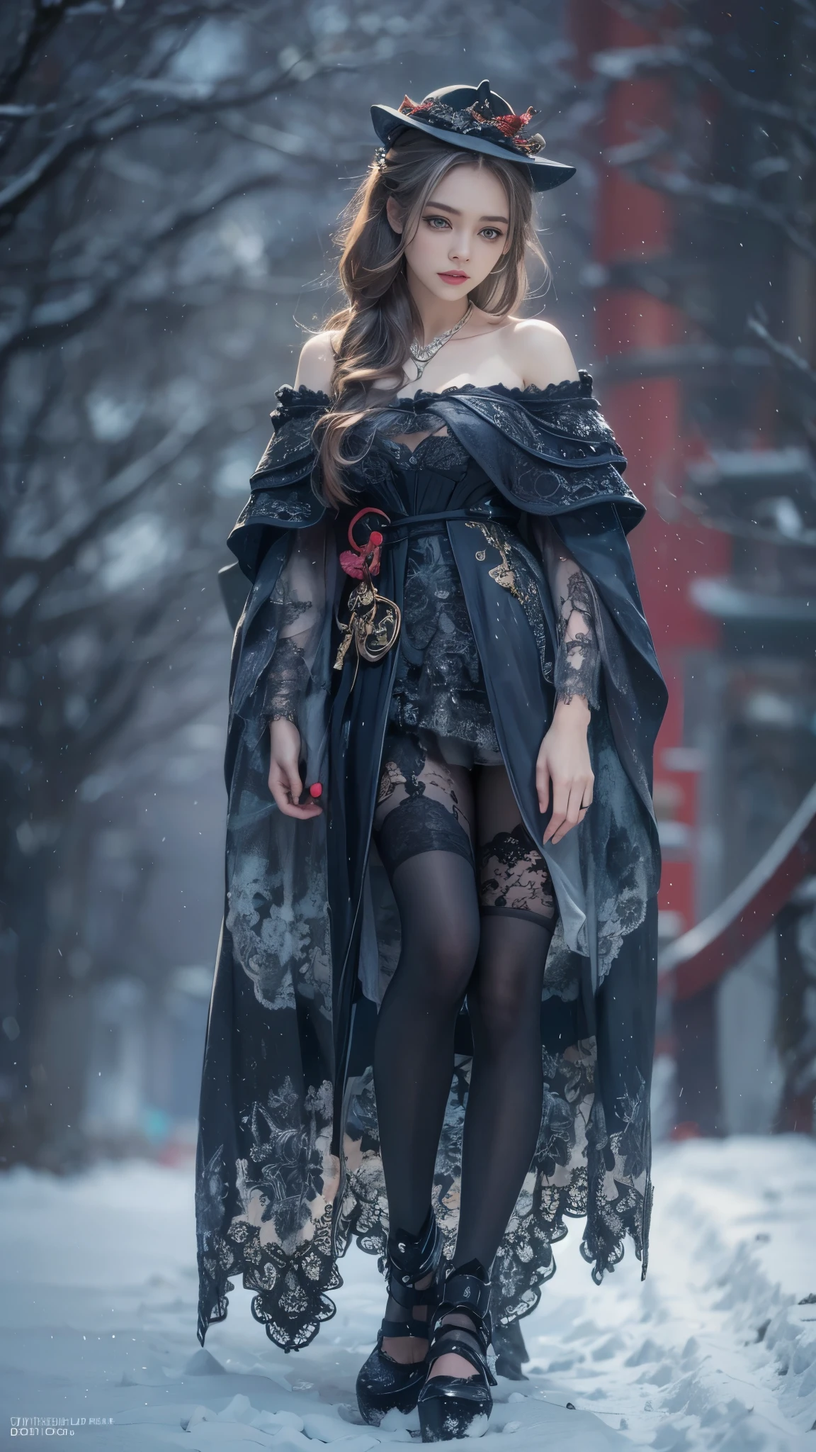 （8k，RAW photos， Best quality， masterpiece：1.2），（Realistically， Shoot real：1.4)，hide your face from sadness，
ta clothing，Lace， Iris Gainsborough， Upper part of the body，thigh，Lace， underwear，Expose bare shoulders， external， (external，Covered with snow，cloak，) high quality， Adobe Lightroom， High Detail Skin， Looking at the audience，