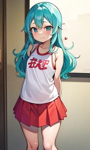 In the heart of TOKYO mega City, a real quality, 1.5 times enhanced image unfolds. A young Japanese idol, standing at a  height of 135cm, dons a sexy WhiteRED cheerleader costume. Her sports half tank top clings to her super body, showcasing her blush-inducing shame smile. With long, cute droopy turquoise eyes and white hair cascading down to her shoulders, she embodies an irresistible allure.

Her innocent, childlike face contrasts sharply with the adult allure of her exposed pussy. Spread wide and focused, her spread pussy is a testament to