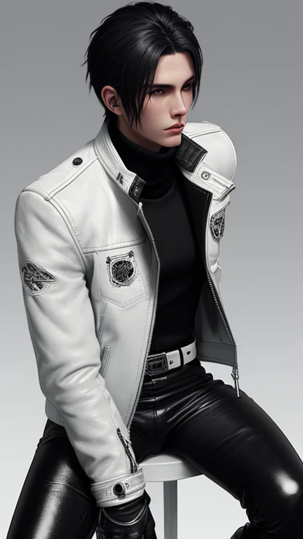 Final Fantasy-style graphics, young, Cute and cool Japanese boys, Thin eyebrows and big eyes, He is wearing a shiny off-white leather single-breasted jacket.。., with epaulettes, The jacket is zipped up, The jacket pockets are black., The jacket has a high stand-up collar with a belt, Also wearing a black turtleneck, black leather pants, Thin black leather gloves on both hands, Black leather knee-high lace-up boots, Head to Toe, Show your whole body, Final Fantasy Style、good looking、Clear eyes and nose、((Shiny white single design leather jacket))、((The jacket has epaulettes))、((The jacket has a stand-up collar and belt))、((The jacket has a black pocket))、((Black turtleneck shirt))、((光沢のあるblack leather pants))、((Shiny black leather gloves on both hands))、((Black lace-up leather long boots))、Head to Toeの眺め、Realistic image quality and texture、In a small brick-walled cell、Close your eyes、A kind smile、((The jacket is closed))
