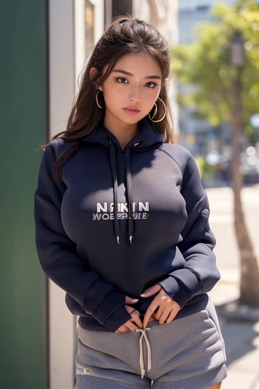 Very detailed、masterpiece、highest quality、Ultra-high resolution energy A、8k high resolution、Transparency それ looks great in photos、Detailed eyes、Gradation、Perfect anatomical figure , Nikon Z9 80mm Lens, Beautiful posture、yes、Thin eyebrows、Detailed eyes、Detailed nose、Mouth details、Fine ears、Golden ratio face、(from the front)、(Curvaceous)、(Ideal ratio)、(Woman wearing a sweatshirt、A sweatshirt that reaches down to the crotch:1.8)、(shorts:1.8)、(Big Breasts:1.8)、(plump lower lip、Pink Lips:1.3),