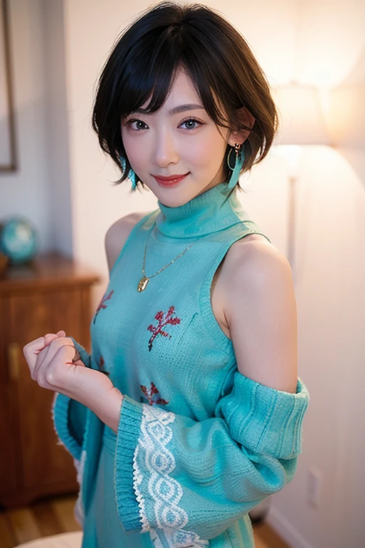(red lips:1.4), full body, (turtleneck cable knit oversize sweater dress:1.2), , 1girl,solo,
(8k, RAW photo, best quality, masterpiece:1.3),(realistic, photo-realistic:1.37),realistic skin texture,(photorealistic:1.3),(hyperrealistic:1.2), (short hair:1.4) , seducting pose, (cyan colored clothes:1.7), (cyan hair:1.7), (seducting smile:1.4), (detached sleeves:1.4), (cheek dimples:1.4), (narrow shoulders:1.7), earrings, golden necklace, 