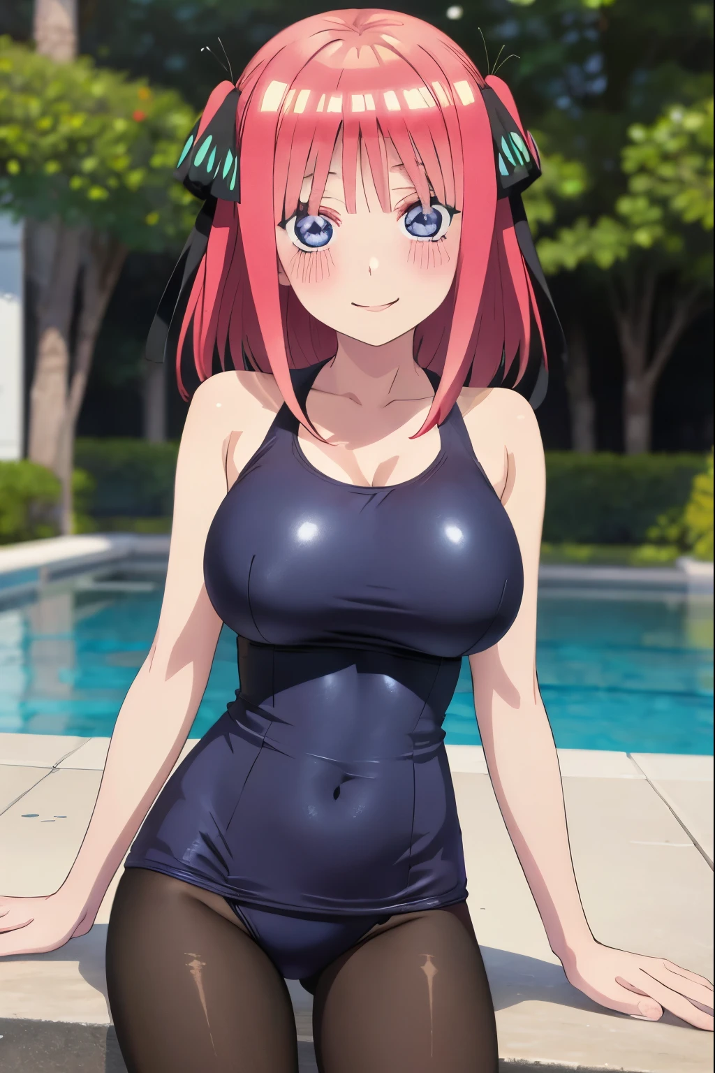 best quality, ultra-detailed masterpiece, anime art style, cute characters, nino nakano, one-piece swimsuit, large breasts, pantyhose, blush, smile