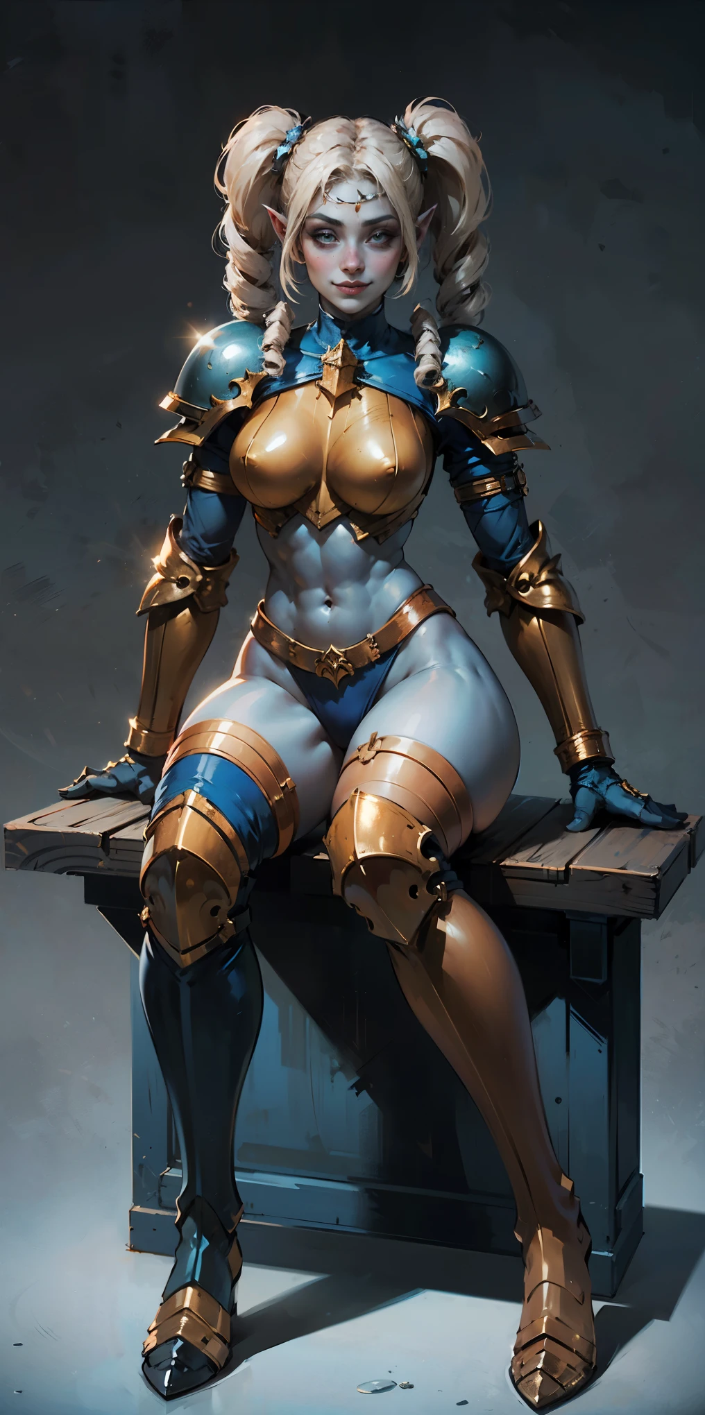 full body sitting on a bench showing ass to me, BLUE breastplate, BLUE skin (1girl)(BLUE skin:1.2), looking at viewer, shiny, armor, thigh highs, high boots, pauldrons shoulder armor, faulds, poleyn, gloves, gauntlets, rerebrace armored boots, (masterpiece, best quality, ultra-detailed, best shadow) yordle pointy ears muscular lean platinum blonde long twin-tails hairstyle at the office lustful smirking smile face red blushed, blush, strong abs, female body builder, tiara, twin drills hair