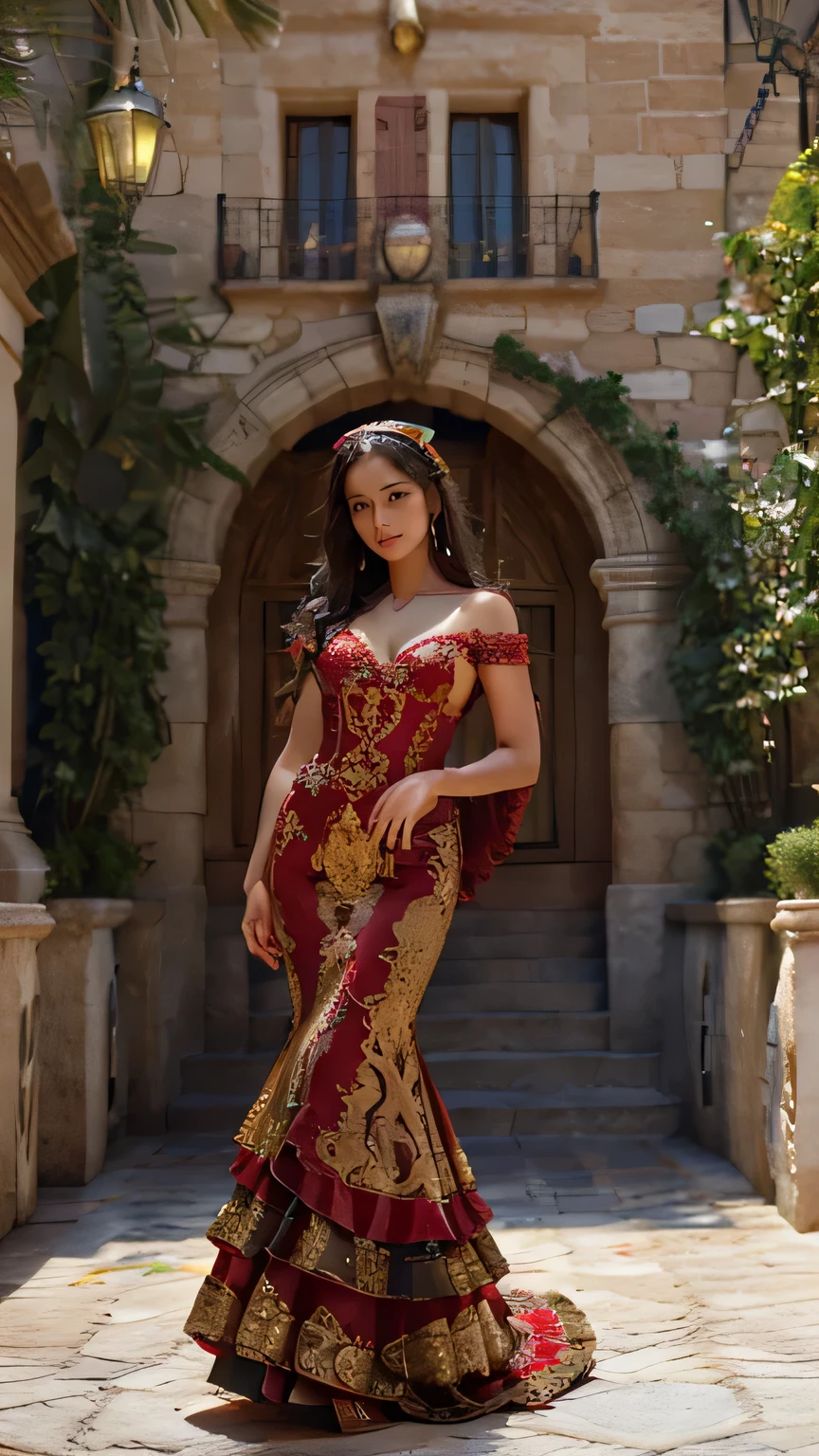 A passionate beauty with olive skin, dark hair cascading down her back, and fiery amber eyes. Dressed in a flowing red flamenco dress with intricate gold embroidery that reaches the floor, she embodies the country's vibrant spirit. A guitar rests against her hip as she strikes a flamenco pose in the courtyard of a stunning Spanish castle with intricate stonework and colorful balconies. The castle overlooks a bustling market square in a sun-drenched Spanish town.