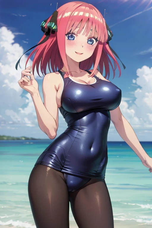 best quality, ultra-detailed masterpiece, anime art style, cute characters, nino nakano, one-piece swimsuit, large breasts, pantyhose, blush, smile