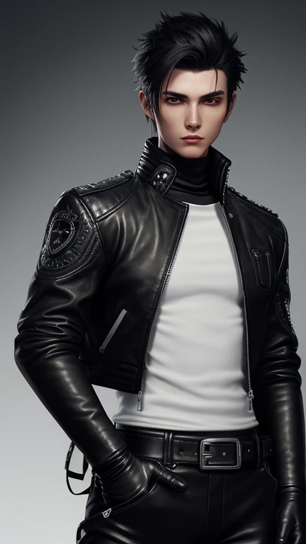 Final Fantasy-style graphics, young, Cute and cool Japanese boys, Thin eyebrows and big eyes,  He is wearing a shiny off-white leather single-breasted jacket.。., with epaulettes,  The jacket is zipped up, The jacket pockets are black., The jacket has a high stand-up collar with a belt, Also wearing a black turtleneck, black leather pants, Thin black leather gloves on both hands, Black leather knee-high lace-up boots, Head to Toe, Show your whole body, Final Fantasy Style、good looking、Clear eyes and nose、((Shiny white single design leather jacket))、((The jacket has epaulettes))、((The jacket has a stand-up collar and belt))、((The jacket has a black pocket))、((Black turtleneck shirt))、((光沢のあるblack leather pants))、((Shiny black leather gloves on both hands))、((Black lace-up leather long boots))、Head to Toeの眺め、Realistic image quality and texture、In a small brick-walled cell、Close your eyes、A kind smile、((The jacket is closed))