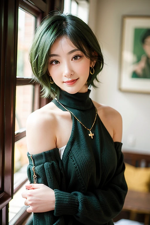 (red lips:1.4), full body, (turtleneck cable knit oversize sweater dress:1.2), , 1girl,solo,
(8k, RAW photo, best quality, masterpiece:1.3),(realistic, photo-realistic:1.37),realistic skin texture,(photorealistic:1.3),(hyperrealistic:1.2), (short hair:1.4) , seducting pose, (green colored clothes:1.7), (green hair:1.7), (seducting smile:1.4), (detached sleeves:1.4), (cheek dimples:1.4), (narrow shoulders:1.7), earrings, golden necklace, 