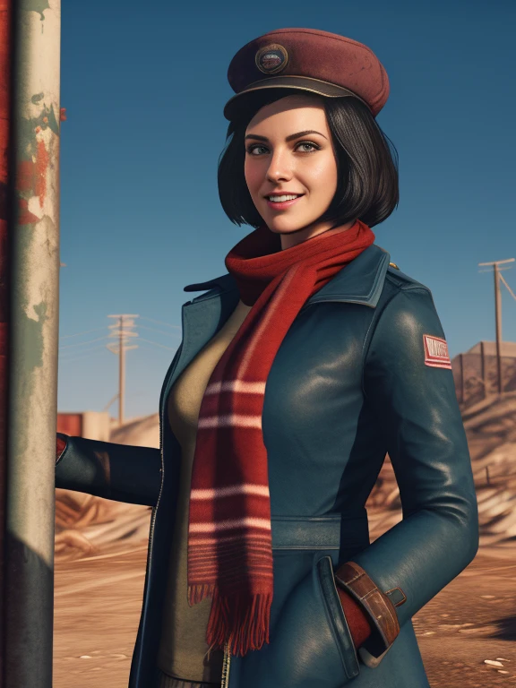 1girl, solo, highly insanely detailed, masterpiece, top quality, best quality, highres, 4k, 8k, fallout style, smile, 1girl, piper,black hair,green eyes, standing,upper body, red overcoat,scarf,dirty clothes,small cap, in the wasteland