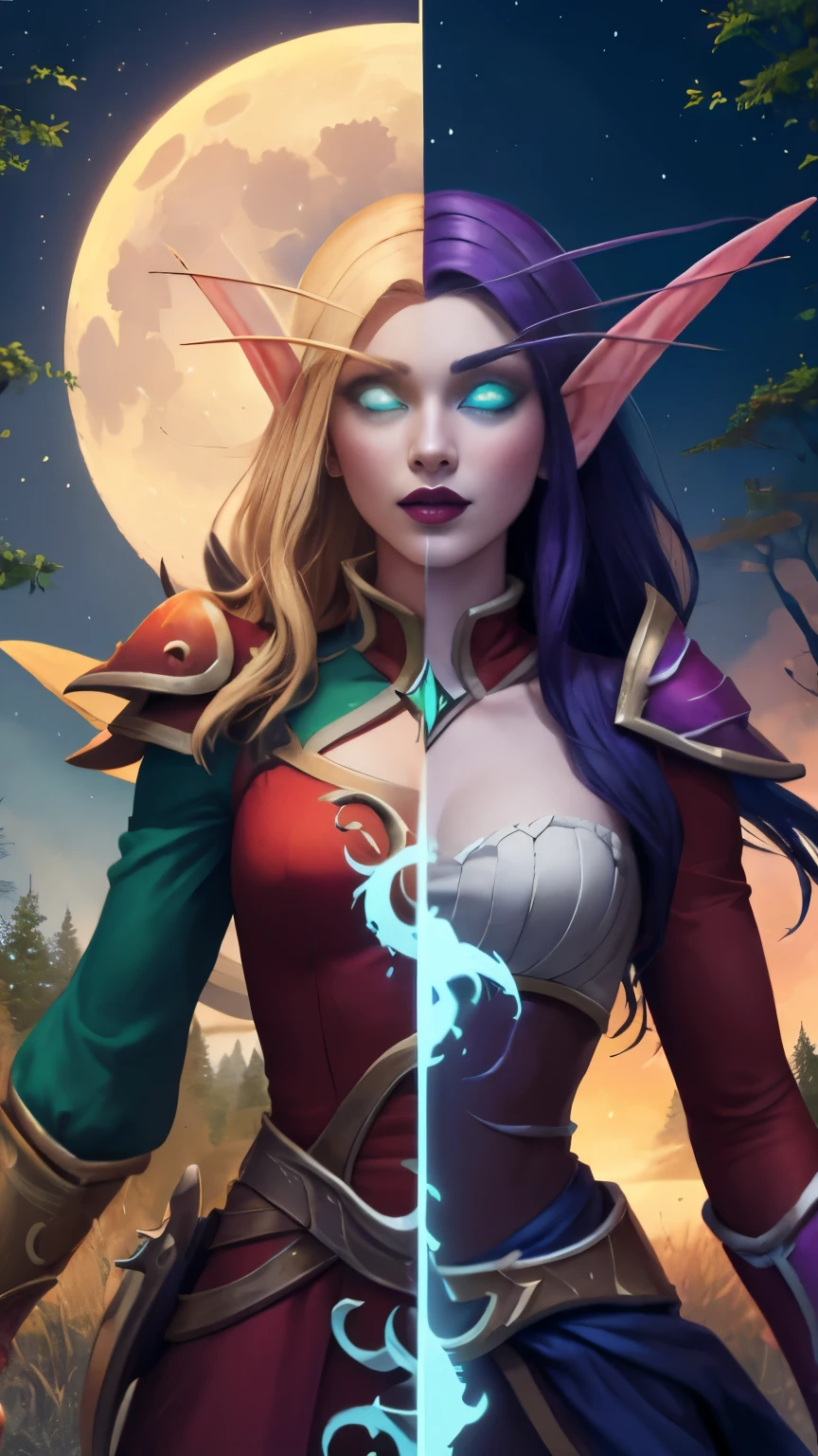 (Masterpiece, highly detailed, highly quality,  highly resolutions), line between the middle, half with nightelf half with bldelf, ({{BREAK nightelf, SplitScreen, split screen, Happy faces, glowing eyes, blue eyes, Purple Hair, colored skin, mature female, purple Dress, purple shoulder pad, purple lips, looking at viewer, forest, night, Sleeve, Princess of the Moon, spring season, Moon}}), vs, (BREAK bldelf, SplitScreen, splitscreen, Happy Faces, glowing eyes, Green eyes, Blonde hair, colored sclera, mature female, Red Dress, red shoulder pad, red lips, looking at viewer, forest, Yellow sword, day, Sleeves, Princess  of the Sun, Fall season, Sun))